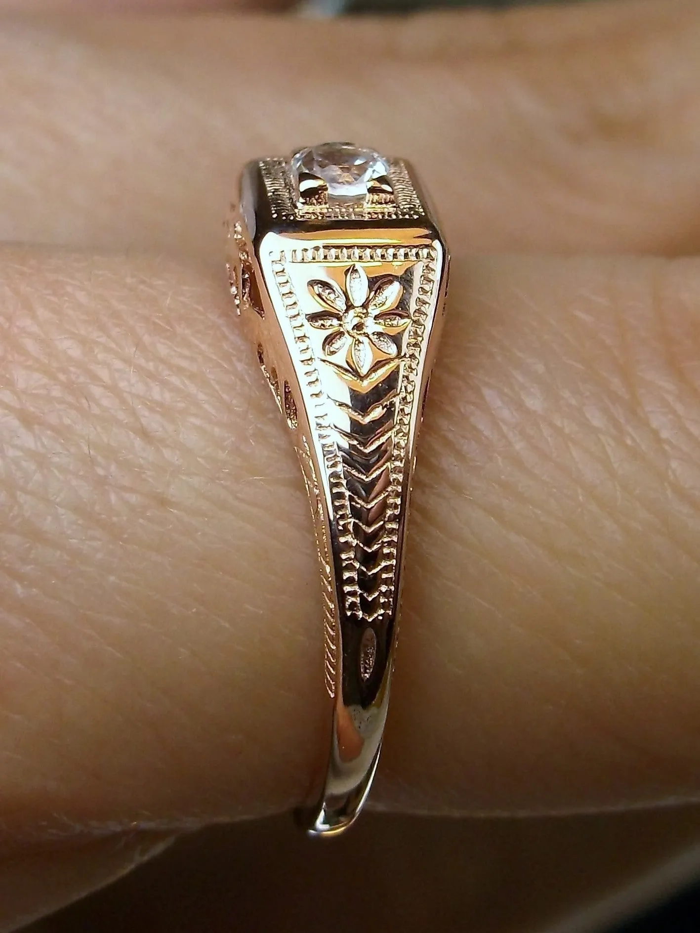 Natural Topaz Ring, Rose Gold plated, Art Deco Wedding Ring  #D155