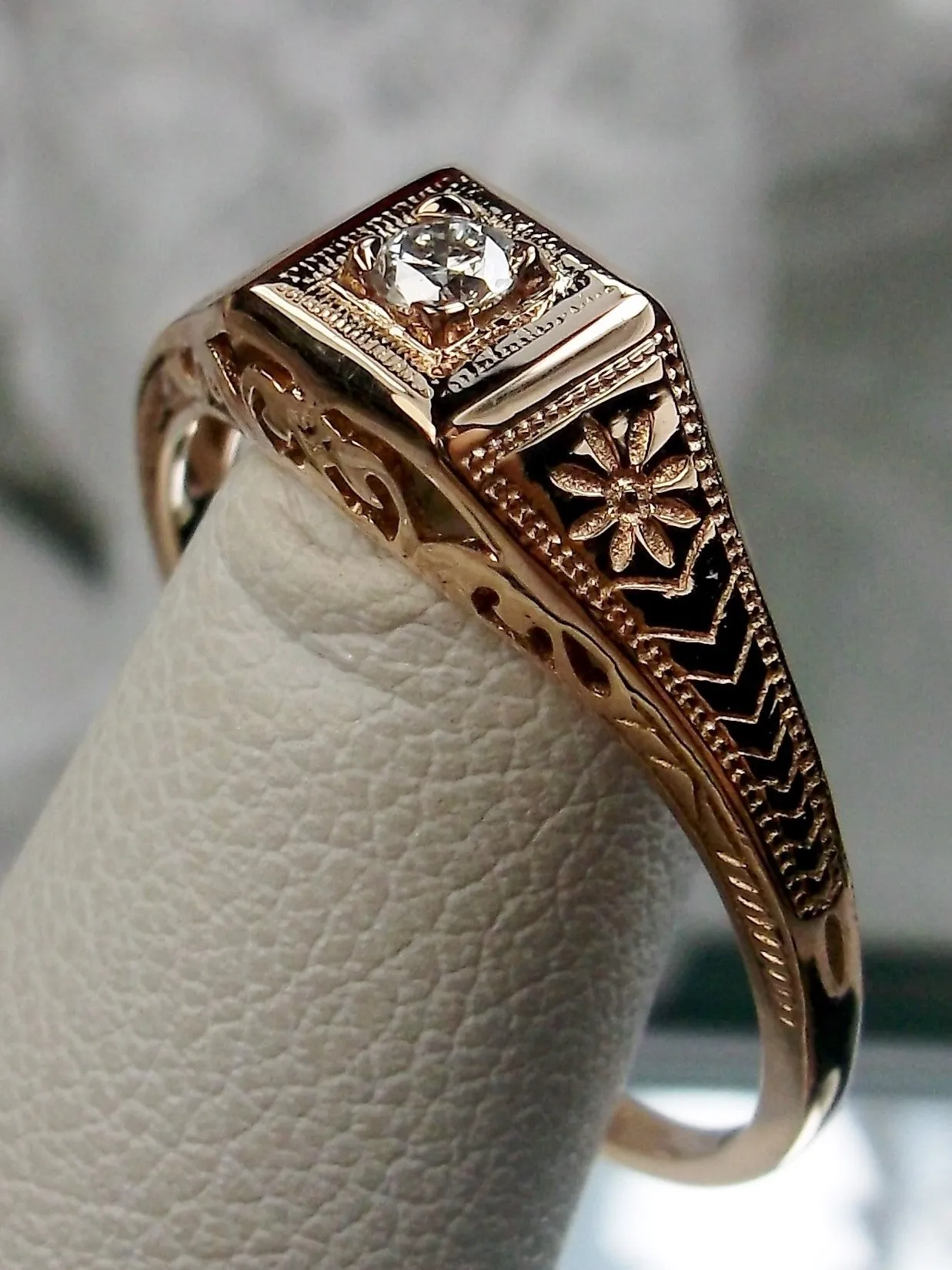 Natural Topaz Ring, Rose Gold plated, Art Deco Wedding Ring  #D155