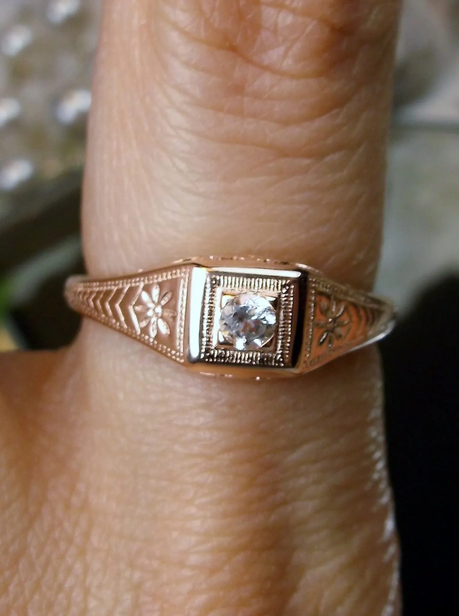 Natural Topaz Ring, Rose Gold plated, Art Deco Wedding Ring  #D155