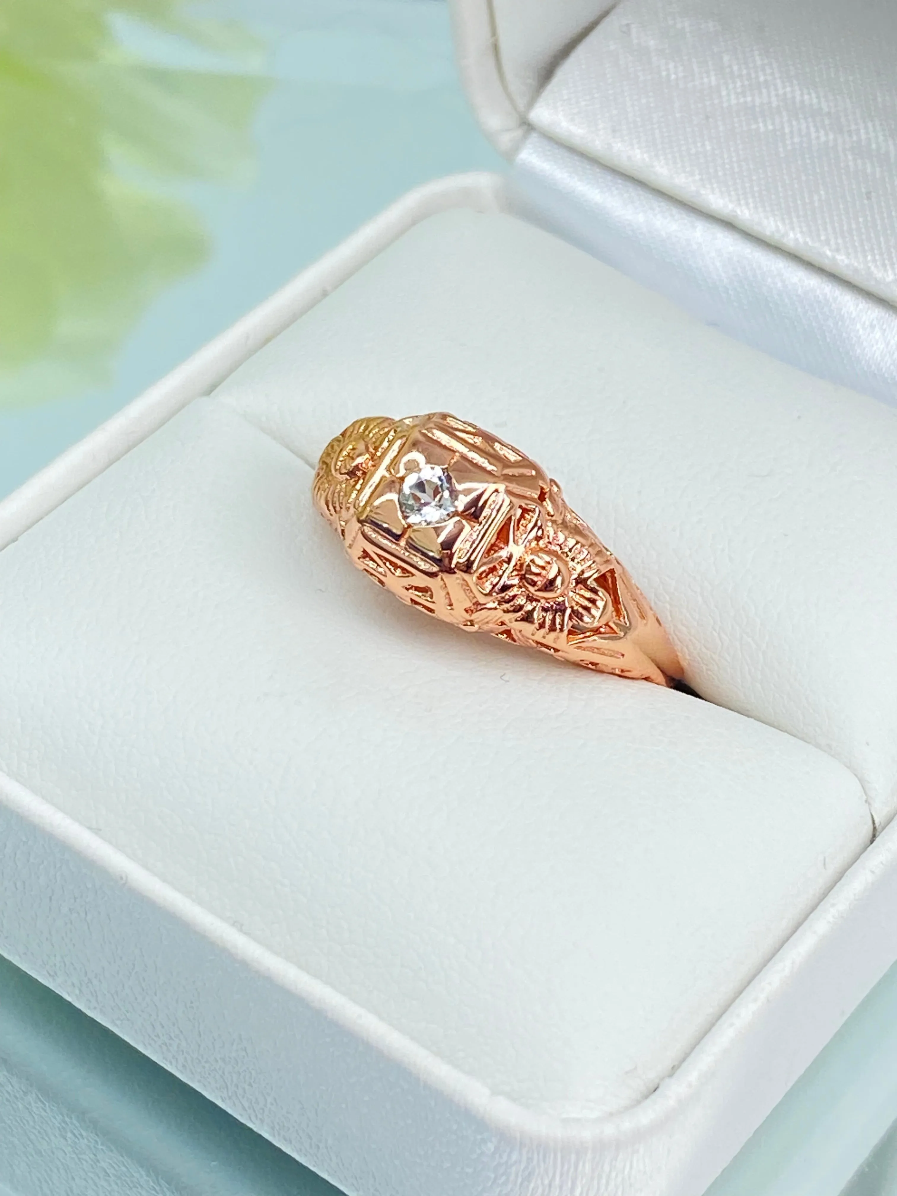 Natural White Topaz Ring, Rose Gold Art Deco Garden Wedding Ring #D157