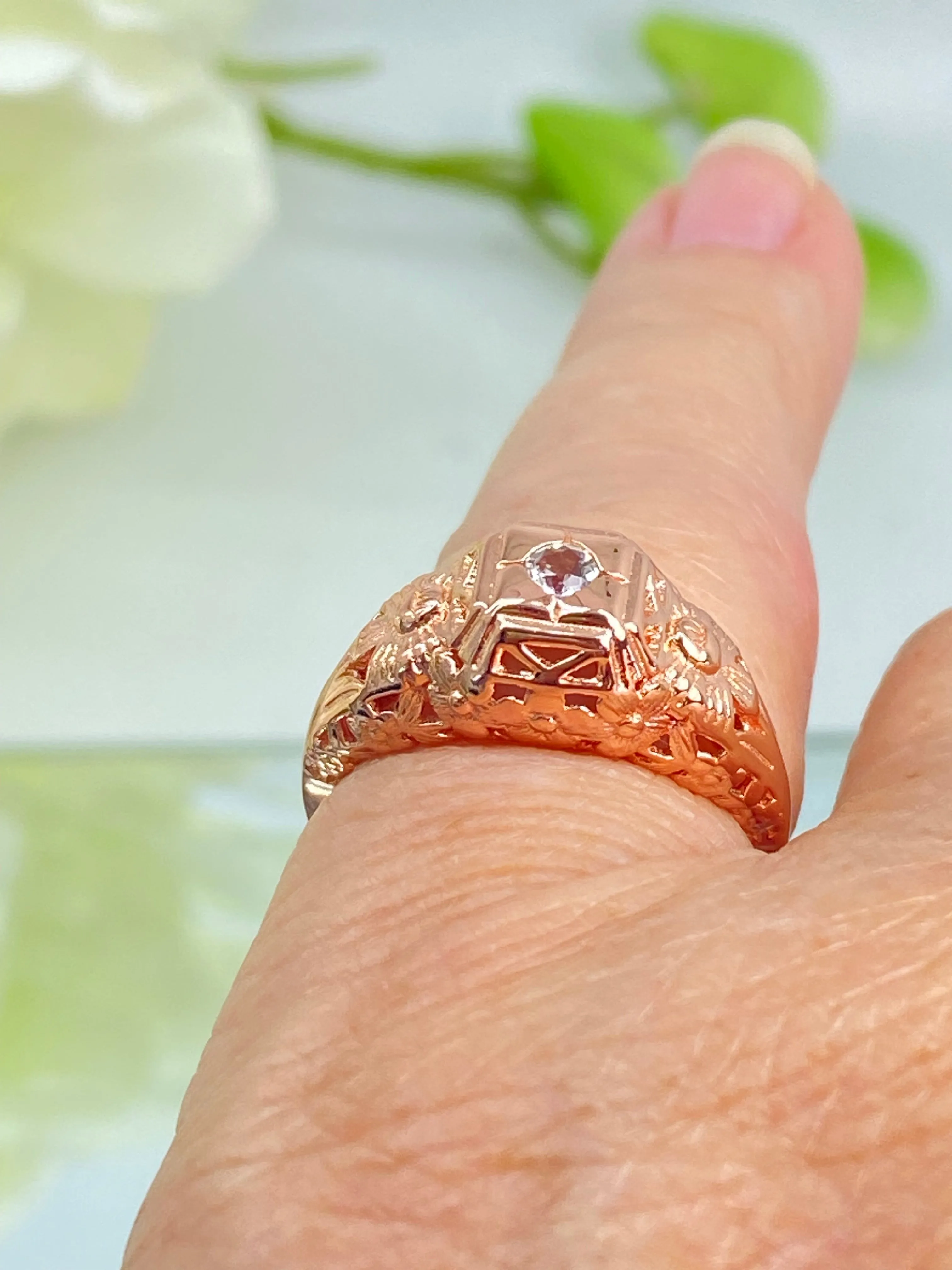 Natural White Topaz Ring, Rose Gold Art Deco Garden Wedding Ring #D157