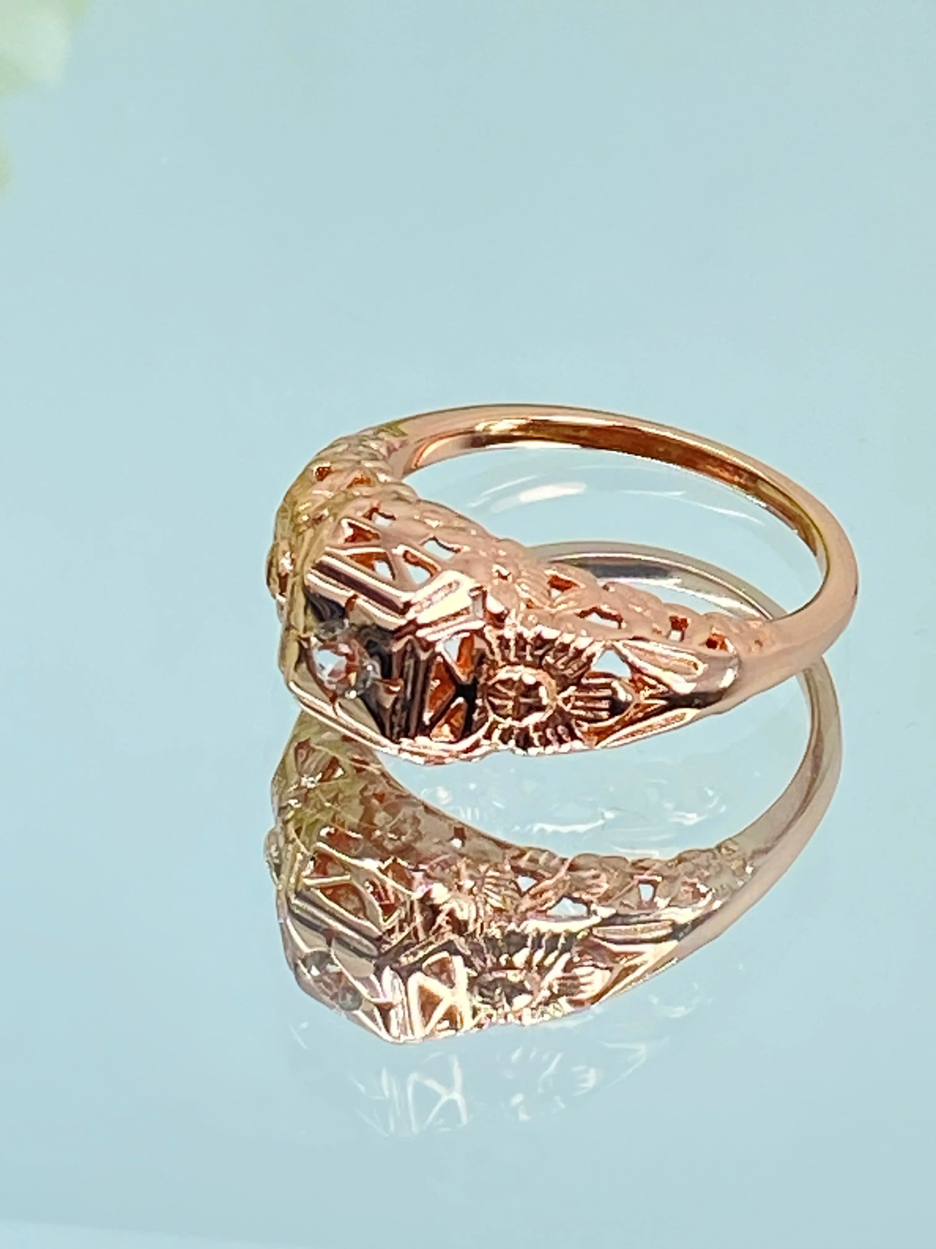 Natural White Topaz Ring, Rose Gold Art Deco Garden Wedding Ring #D157