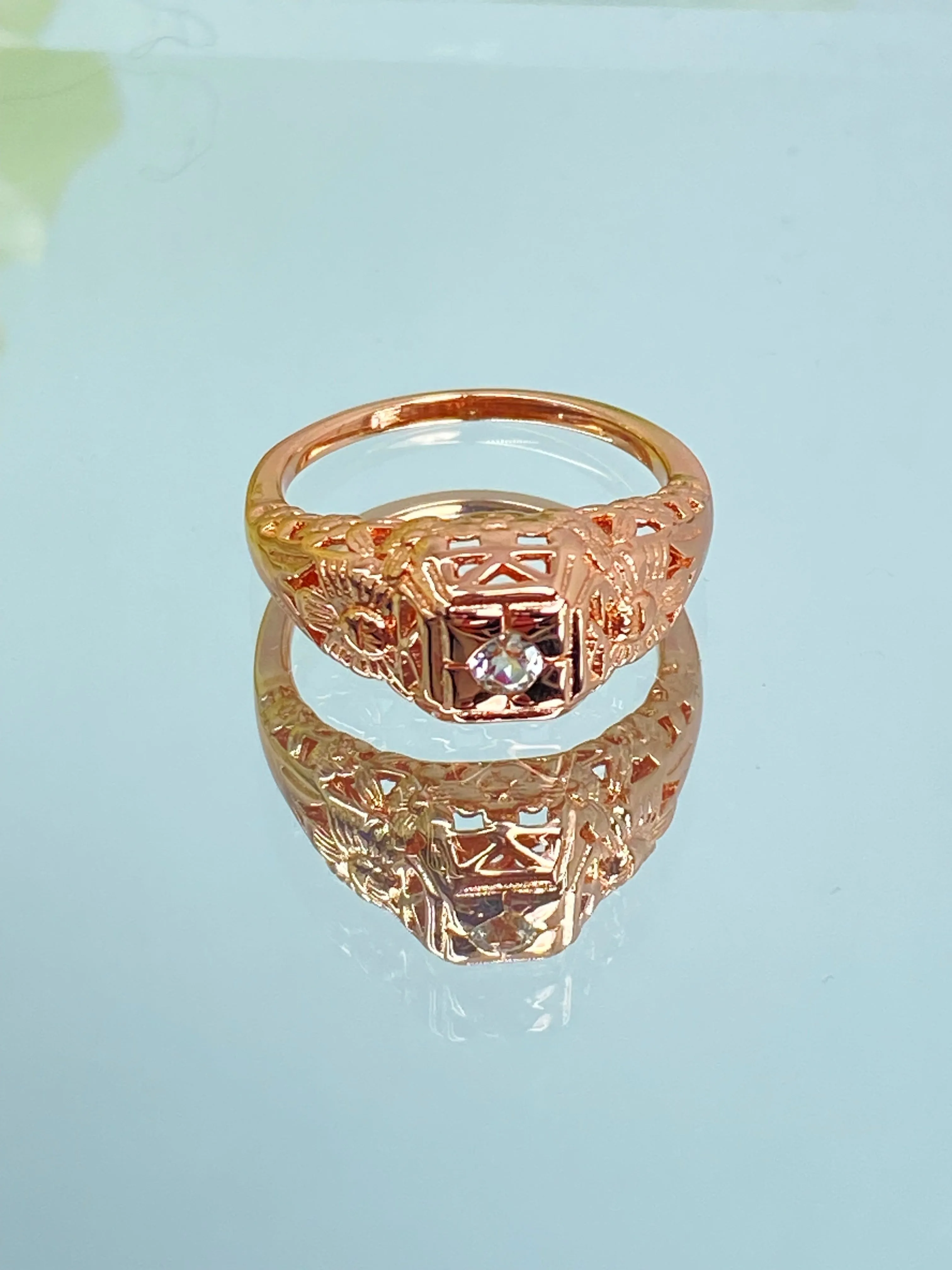 Natural White Topaz Ring, Rose Gold Art Deco Garden Wedding Ring #D157