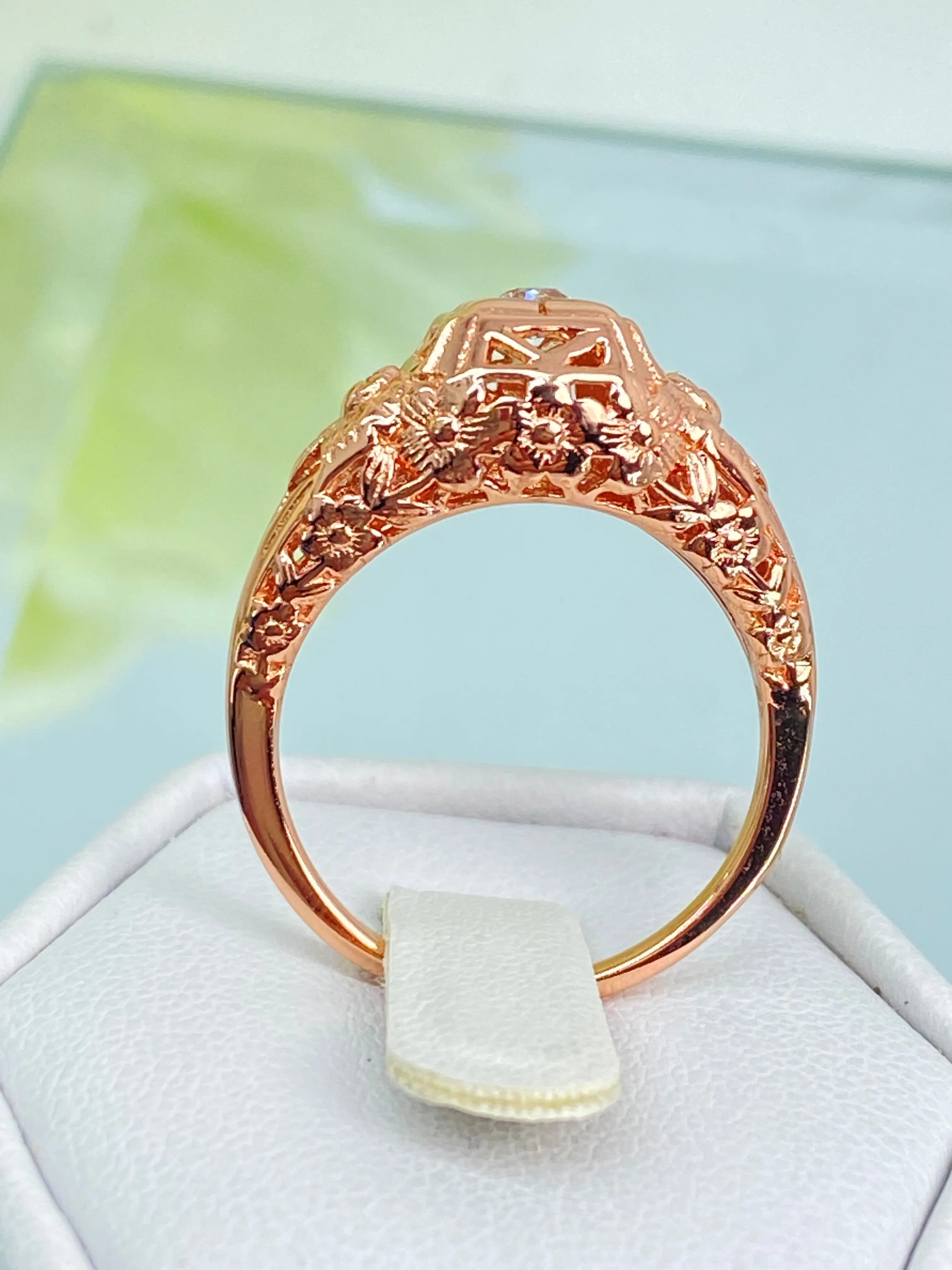 Natural White Topaz Ring, Rose Gold Art Deco Garden Wedding Ring #D157