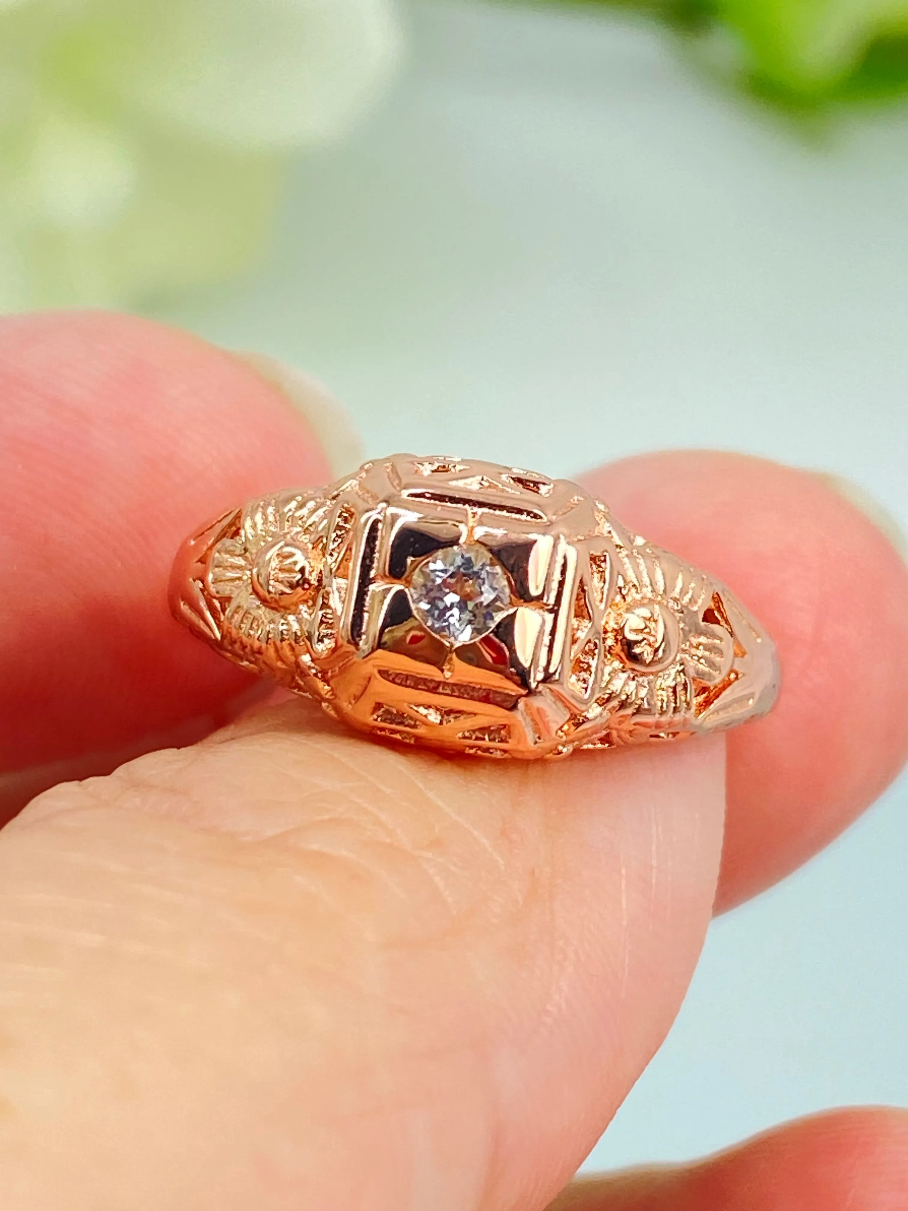 Natural White Topaz Ring, Rose Gold Art Deco Garden Wedding Ring #D157
