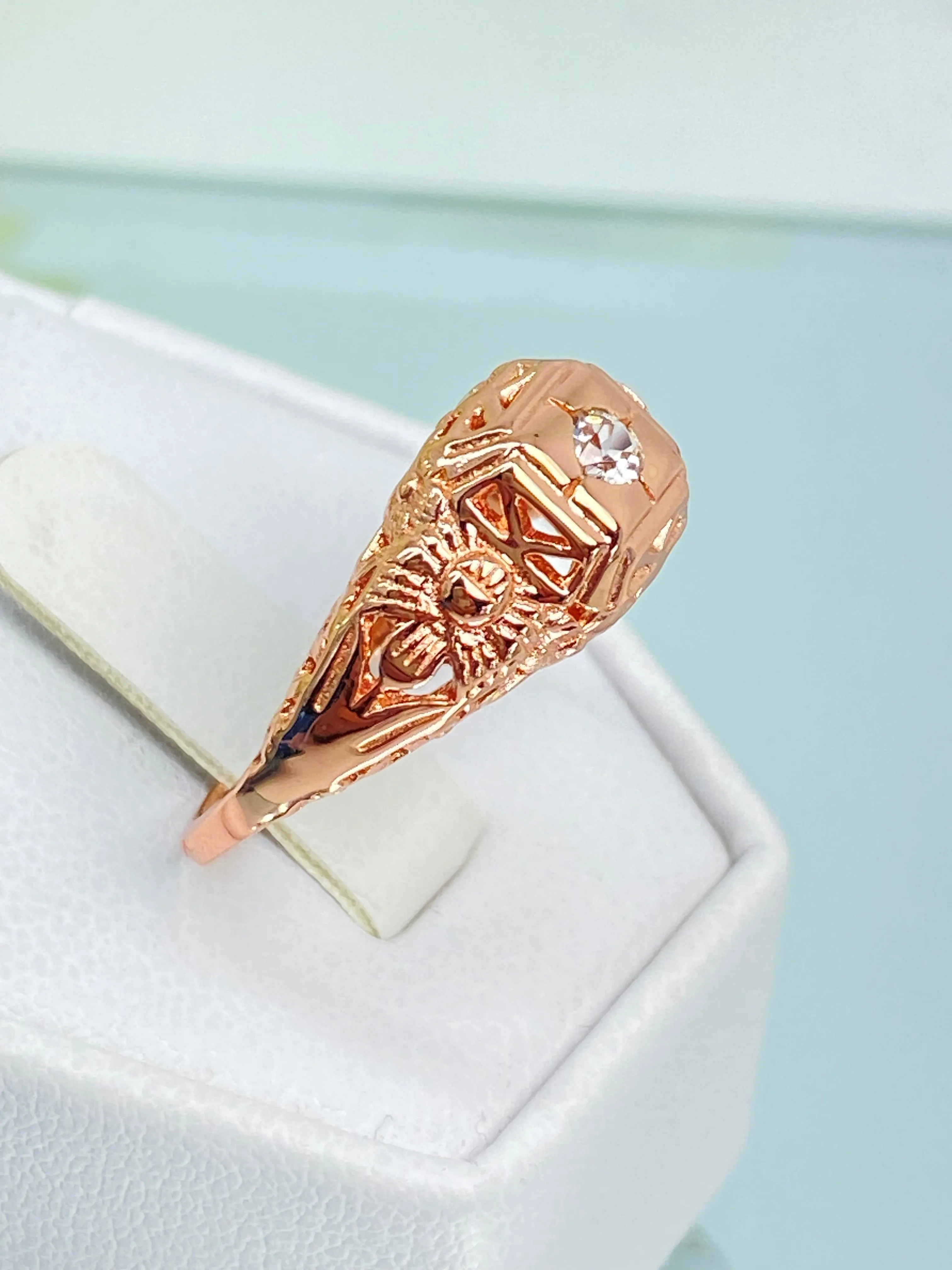 Natural White Topaz Ring, Rose Gold Art Deco Garden Wedding Ring #D157