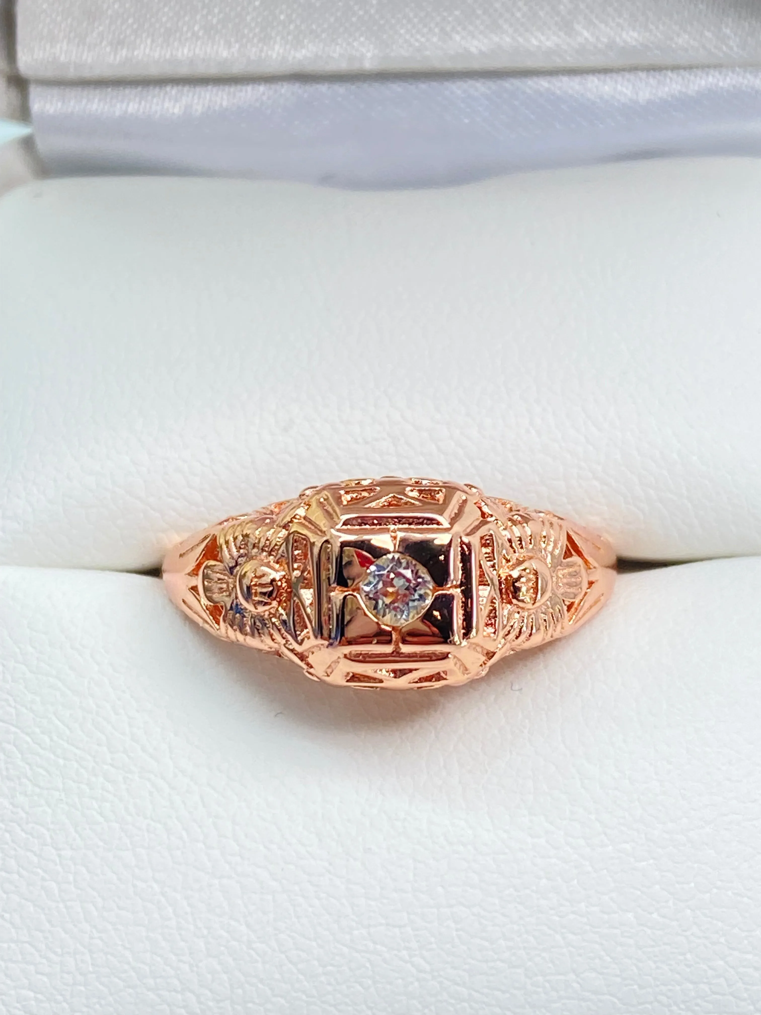 Natural White Topaz Ring, Rose Gold Art Deco Garden Wedding Ring #D157