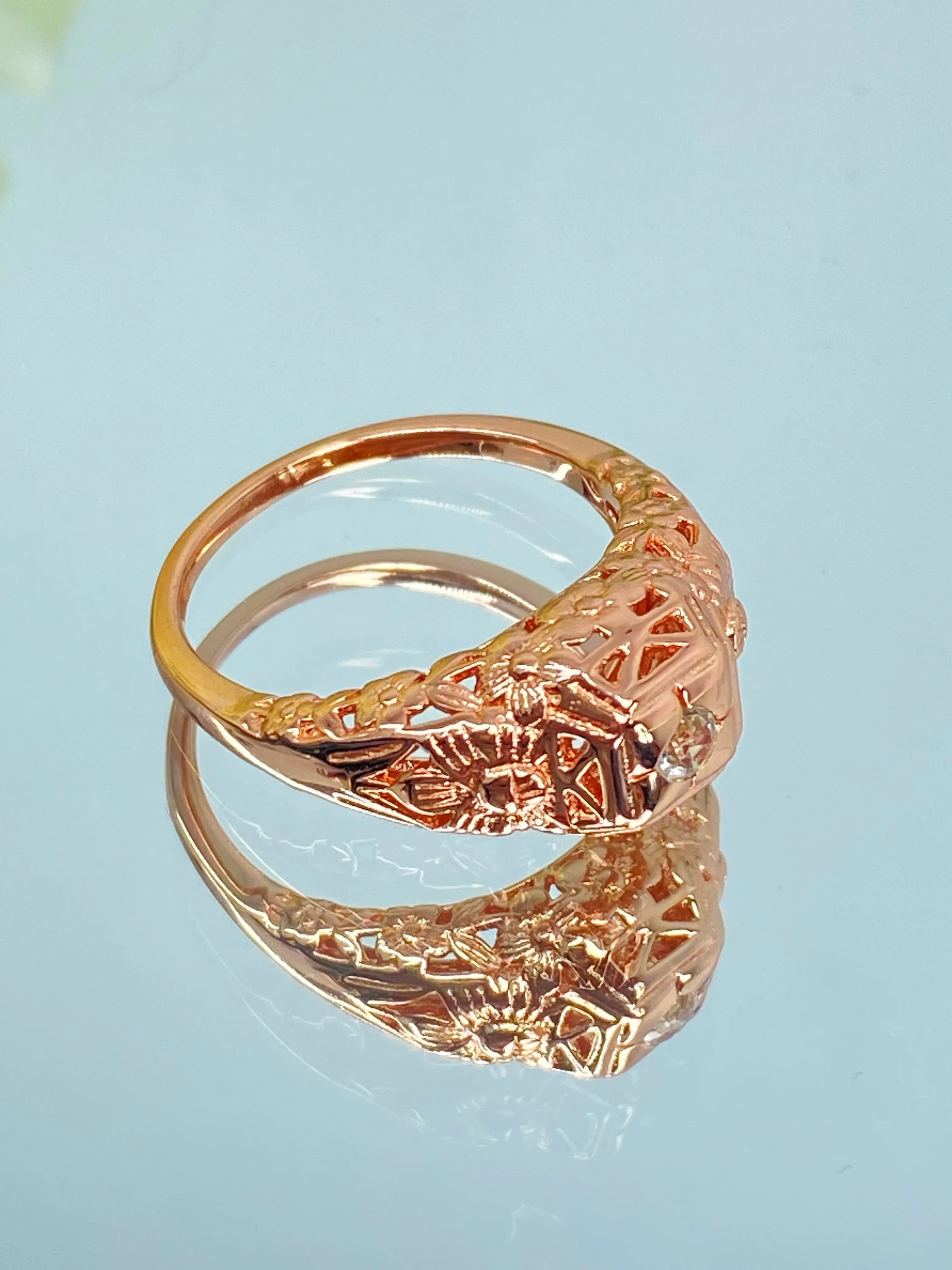 Natural White Topaz Ring, Rose Gold Art Deco Garden Wedding Ring #D157