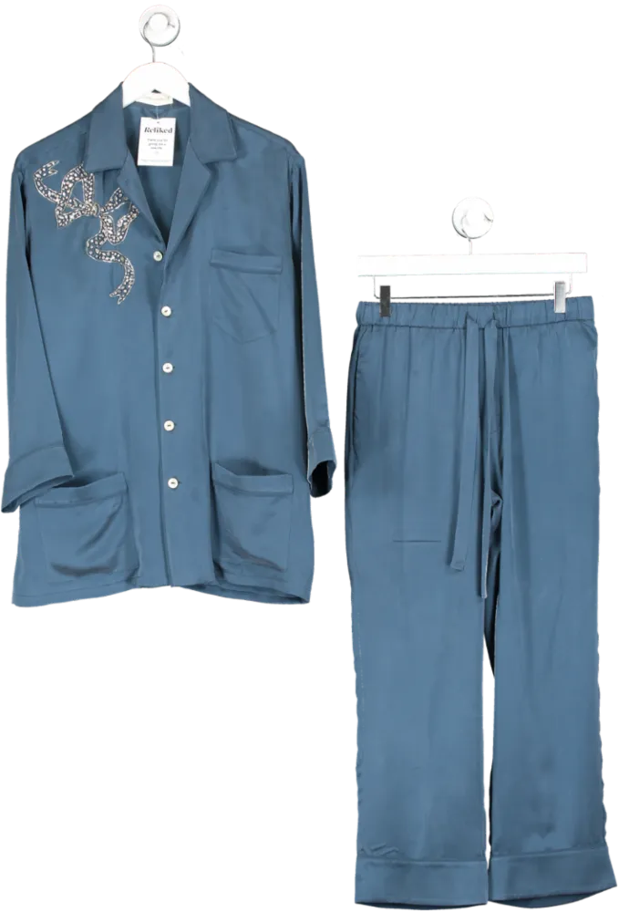 Olivia von Halle Blue Crystal Embellished Fifi Pyjamas In Sandwashed Silk UK S