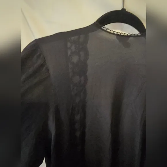 Open Peignoir Style Lace Trim Vintage Black Maxi Robe