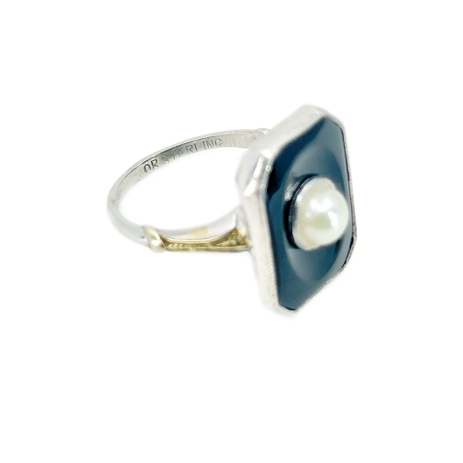 Ostby Barton Art Deco Japanese Saltwater Akoya Cultured Pearl Black Onyx Ring- Sterling Silver Sz 5.75