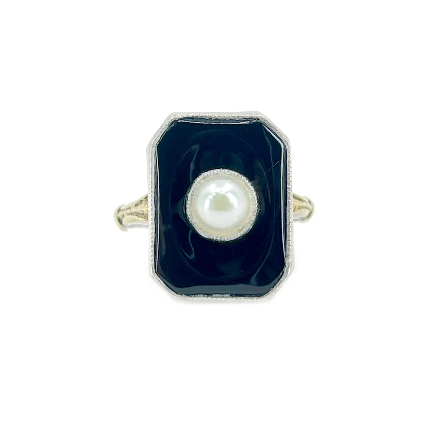 Ostby Barton Art Deco Japanese Saltwater Akoya Cultured Pearl Black Onyx Ring- Sterling Silver Sz 5.75