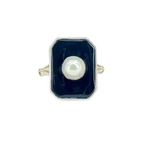 Ostby Barton Art Deco Japanese Saltwater Akoya Cultured Pearl Black Onyx Ring- Sterling Silver Sz 5.75