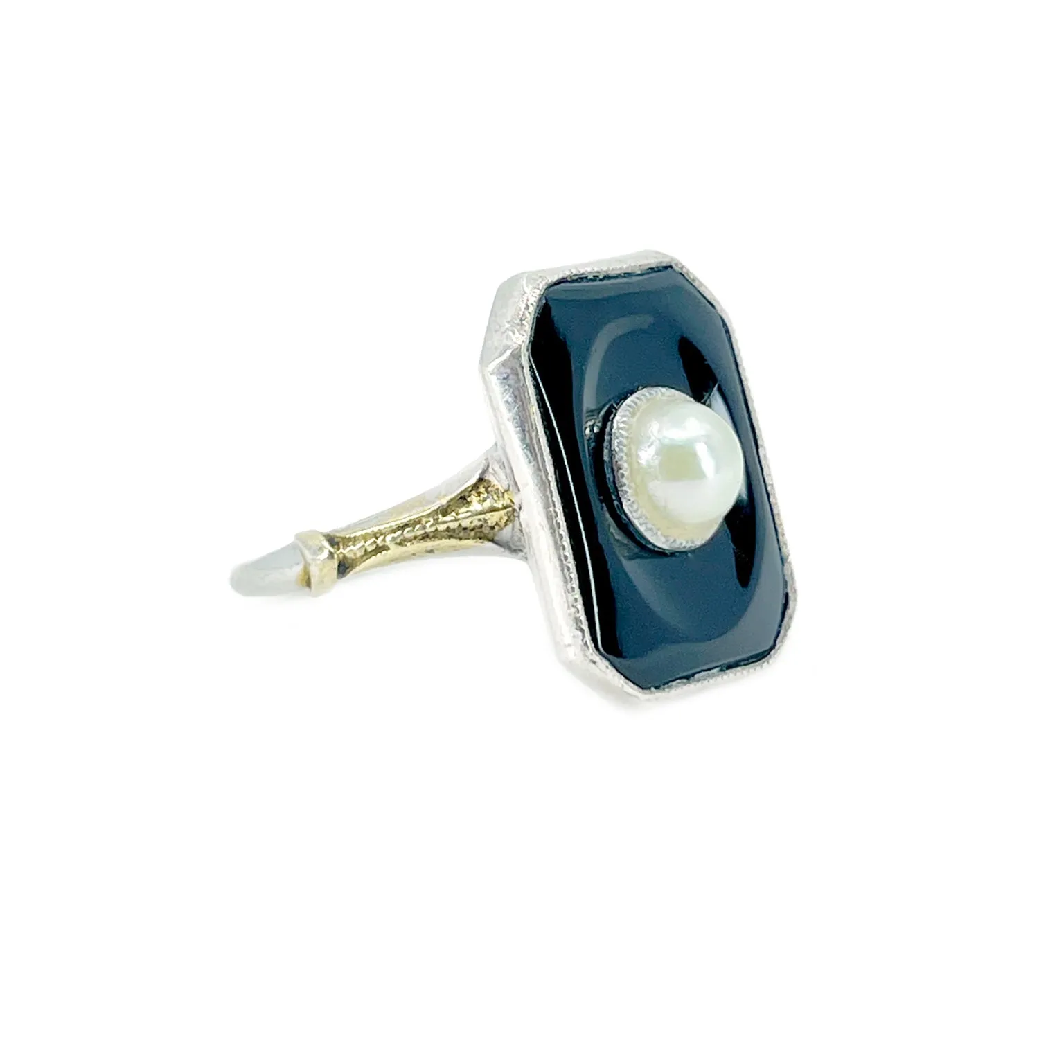 Ostby Barton Art Deco Japanese Saltwater Akoya Cultured Pearl Black Onyx Ring- Sterling Silver Sz 5.75