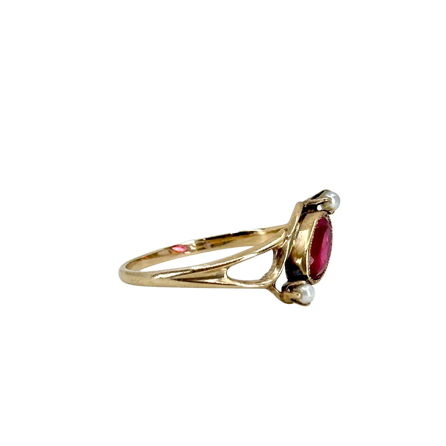 Ostby Barton Art Deco Japanese Saltwater Akoya Cultured Pearl Synthetic Ruby Ring- 10K Rose Gold Size 7.75