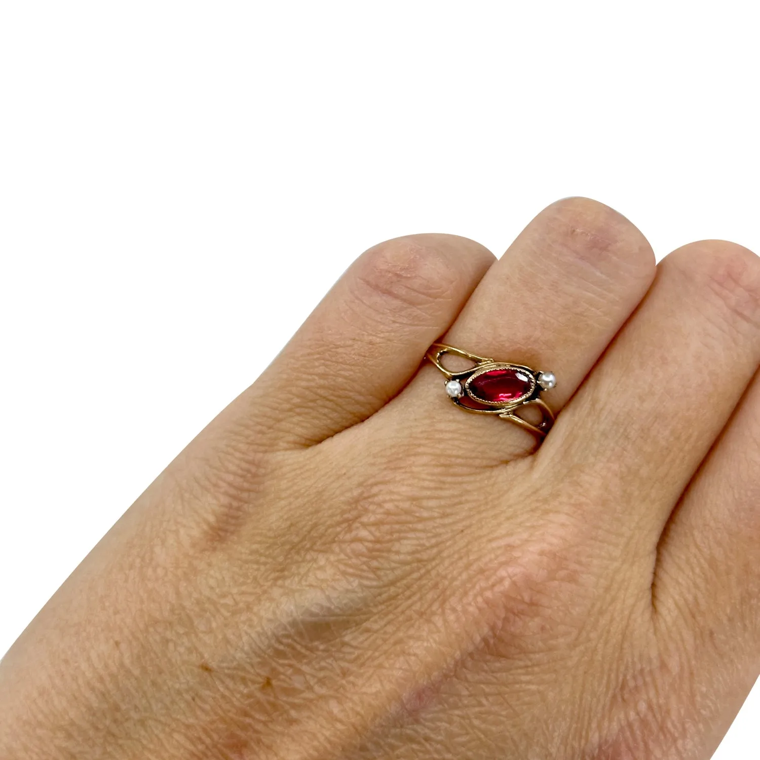 Ostby Barton Art Deco Japanese Saltwater Akoya Cultured Pearl Synthetic Ruby Ring- 10K Rose Gold Size 7.75