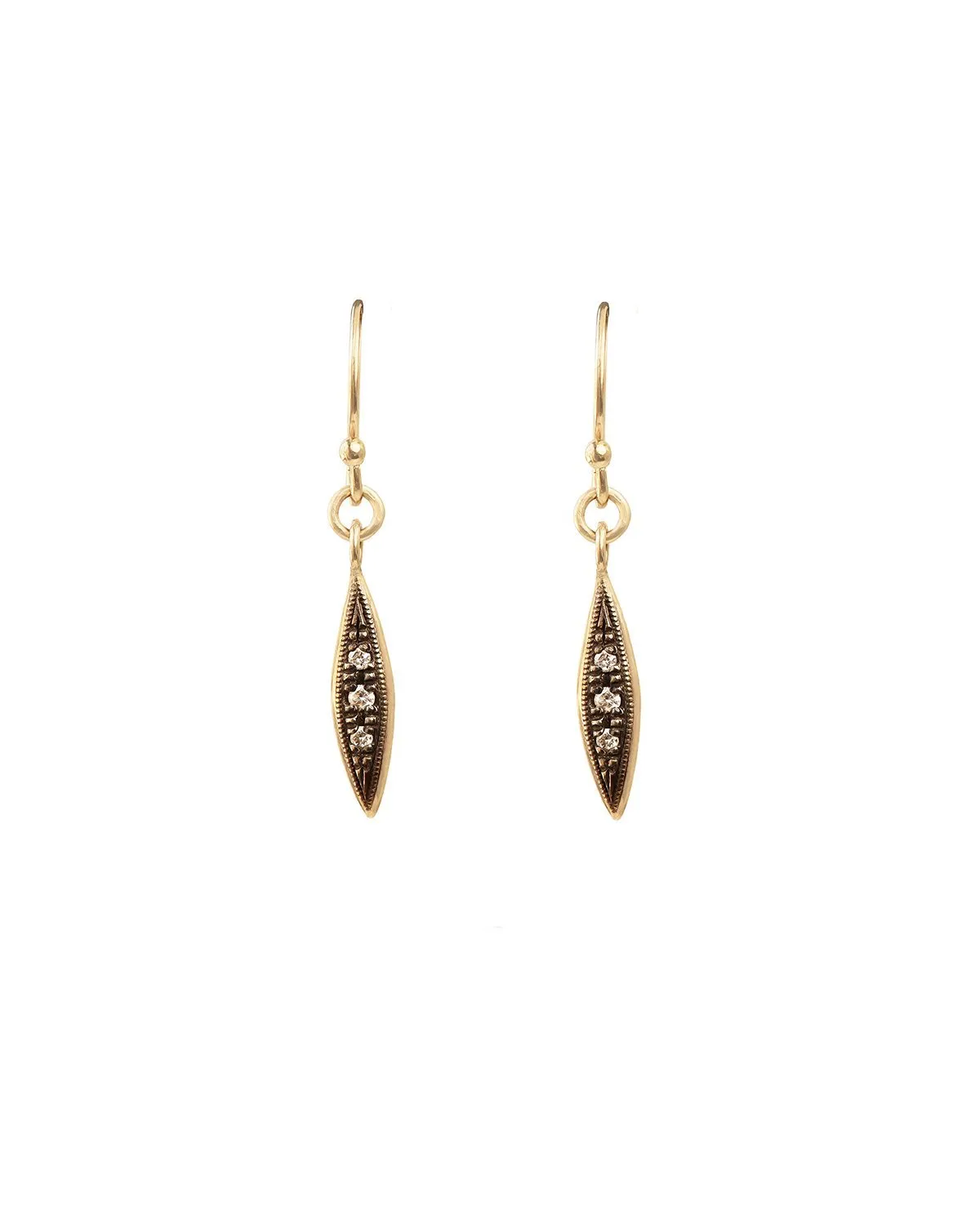 Oxidized Solid Gold Modern Triple Diamond Peak Drop Earrings