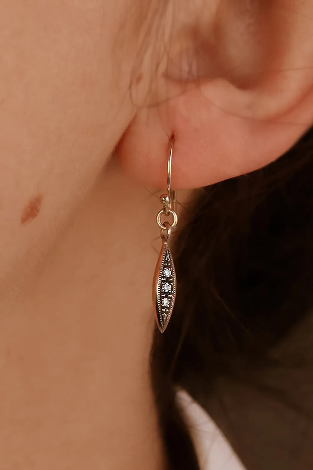 Oxidized Solid Gold Modern Triple Diamond Peak Drop Earrings