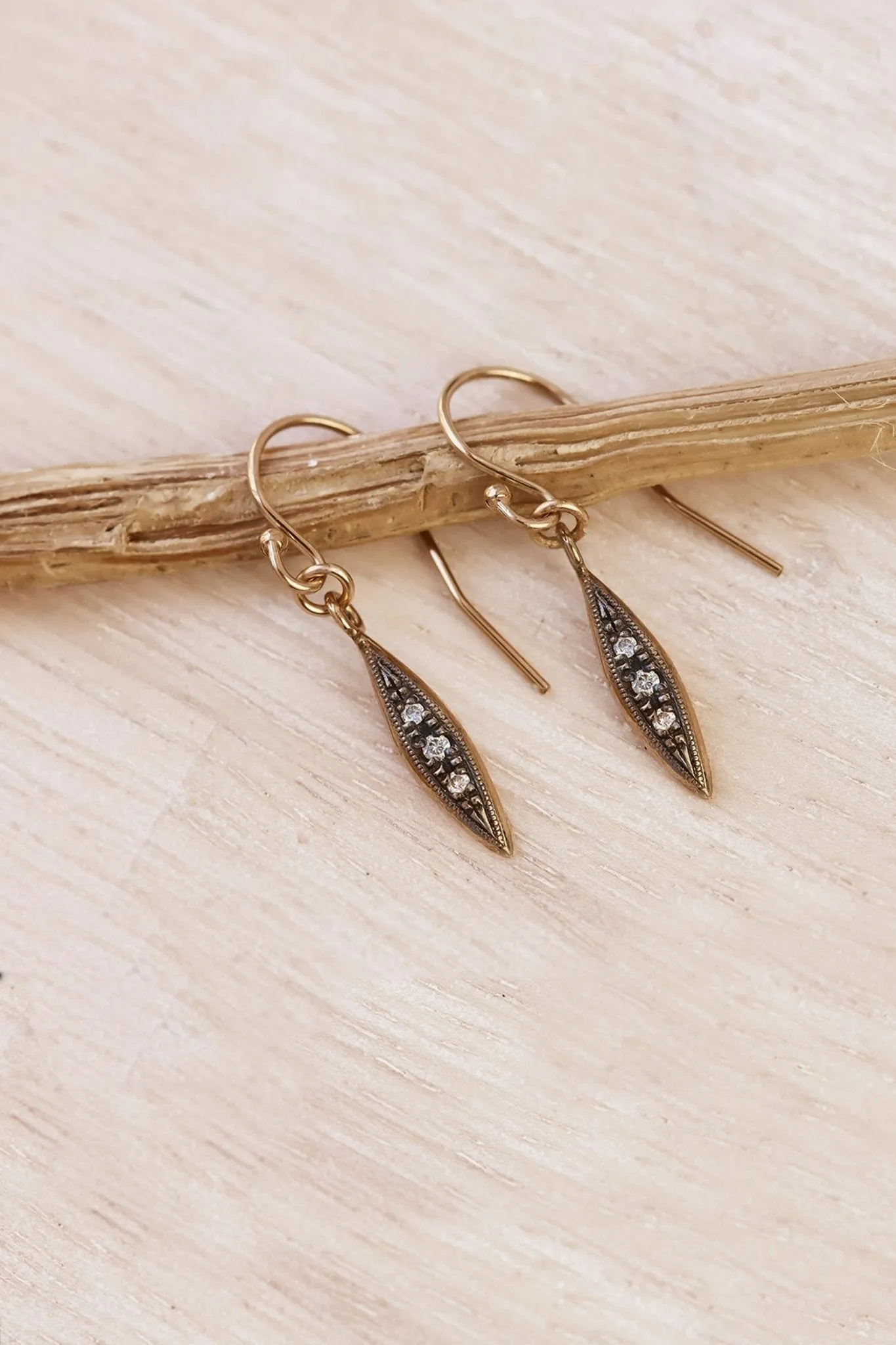 Oxidized Solid Gold Modern Triple Diamond Peak Drop Earrings