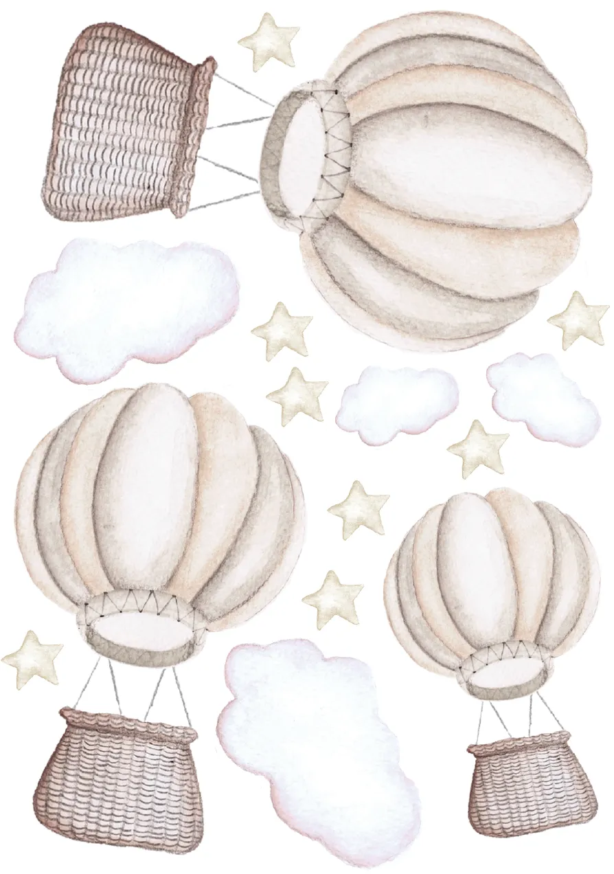 Pastel Hot Air Balloons Australian Design Hand Painted Peel & Stick, Removable Wall Decal. Nursery, Kids Playroom, Kids Teens Bedroom