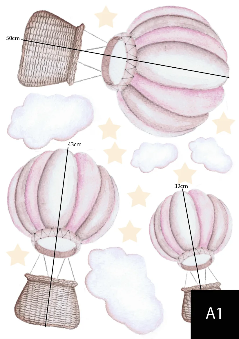 Pastel Hot Air Balloons Australian Design Hand Painted Peel & Stick, Removable Wall Decal. Nursery, Kids Playroom, Kids Teens Bedroom