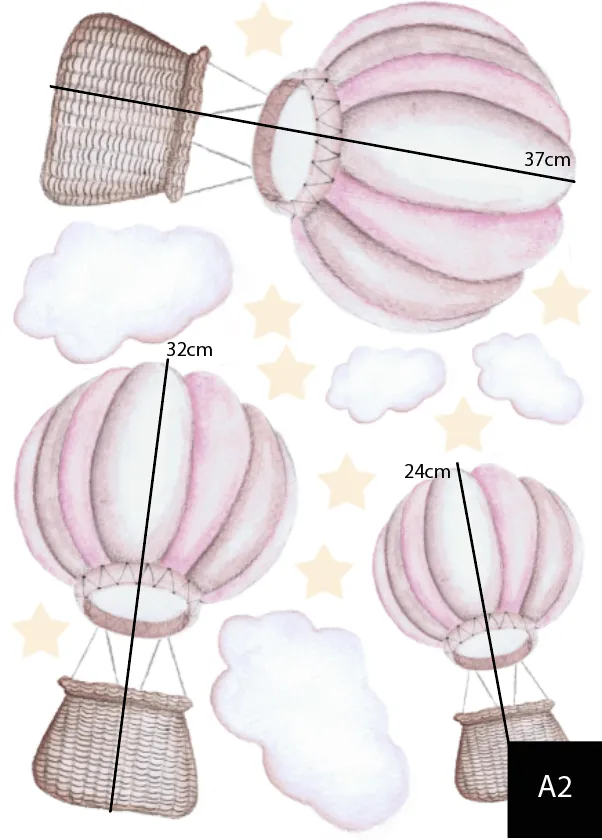 Pastel Hot Air Balloons Australian Design Hand Painted Peel & Stick, Removable Wall Decal. Nursery, Kids Playroom, Kids Teens Bedroom