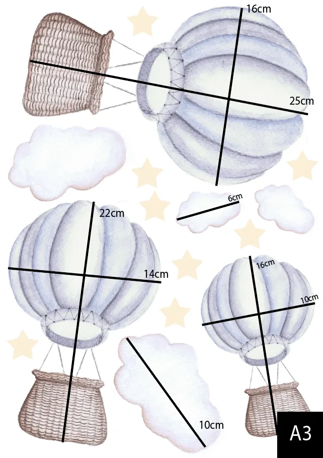 Pastel Hot Air Balloons Australian Design Hand Painted Peel & Stick, Removable Wall Decal. Nursery, Kids Playroom, Kids Teens Bedroom