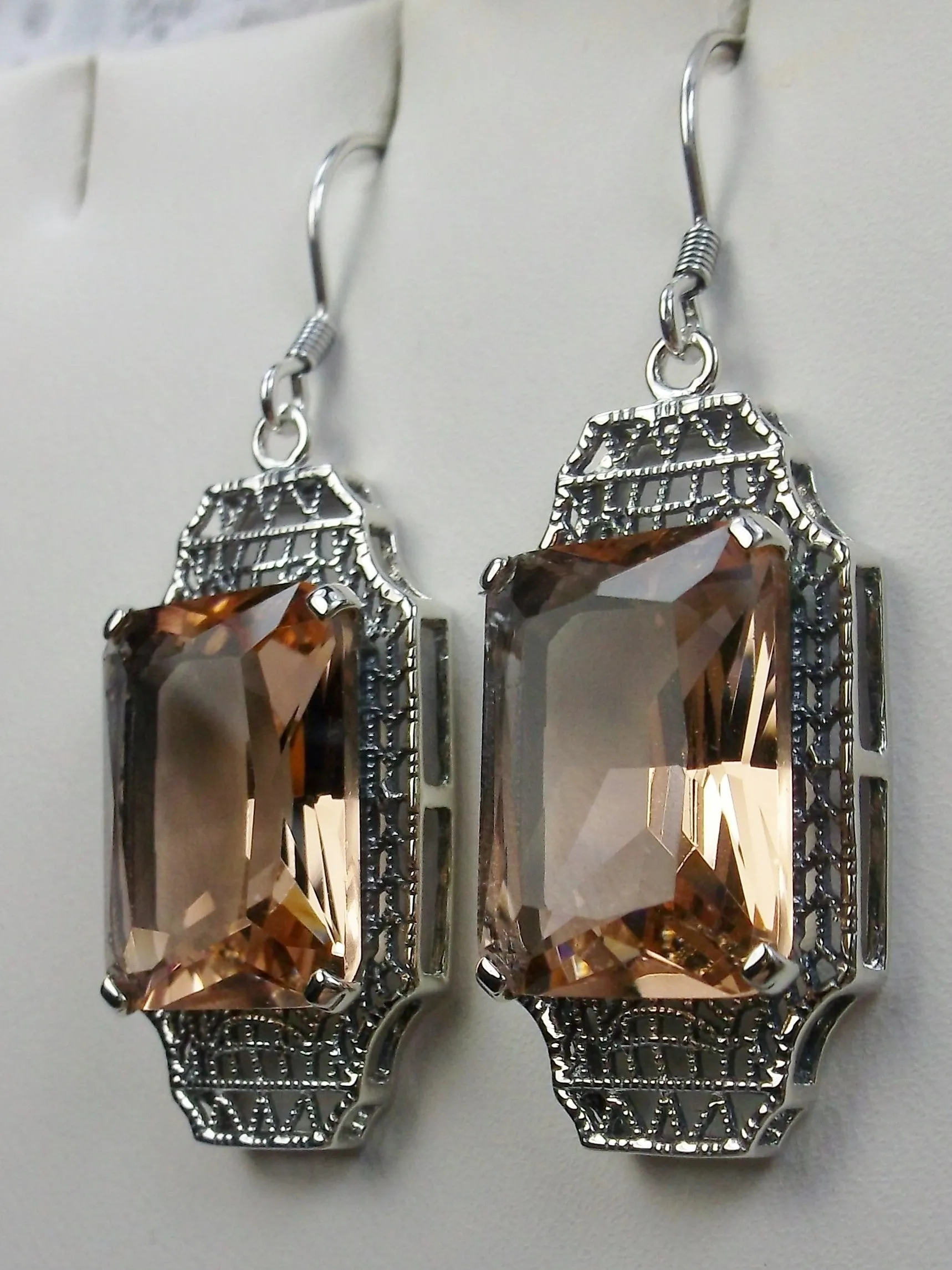 Peach Topaz Earrings, Rectangle Gems, Art Deco Lantern-style Silver Filigree #E13