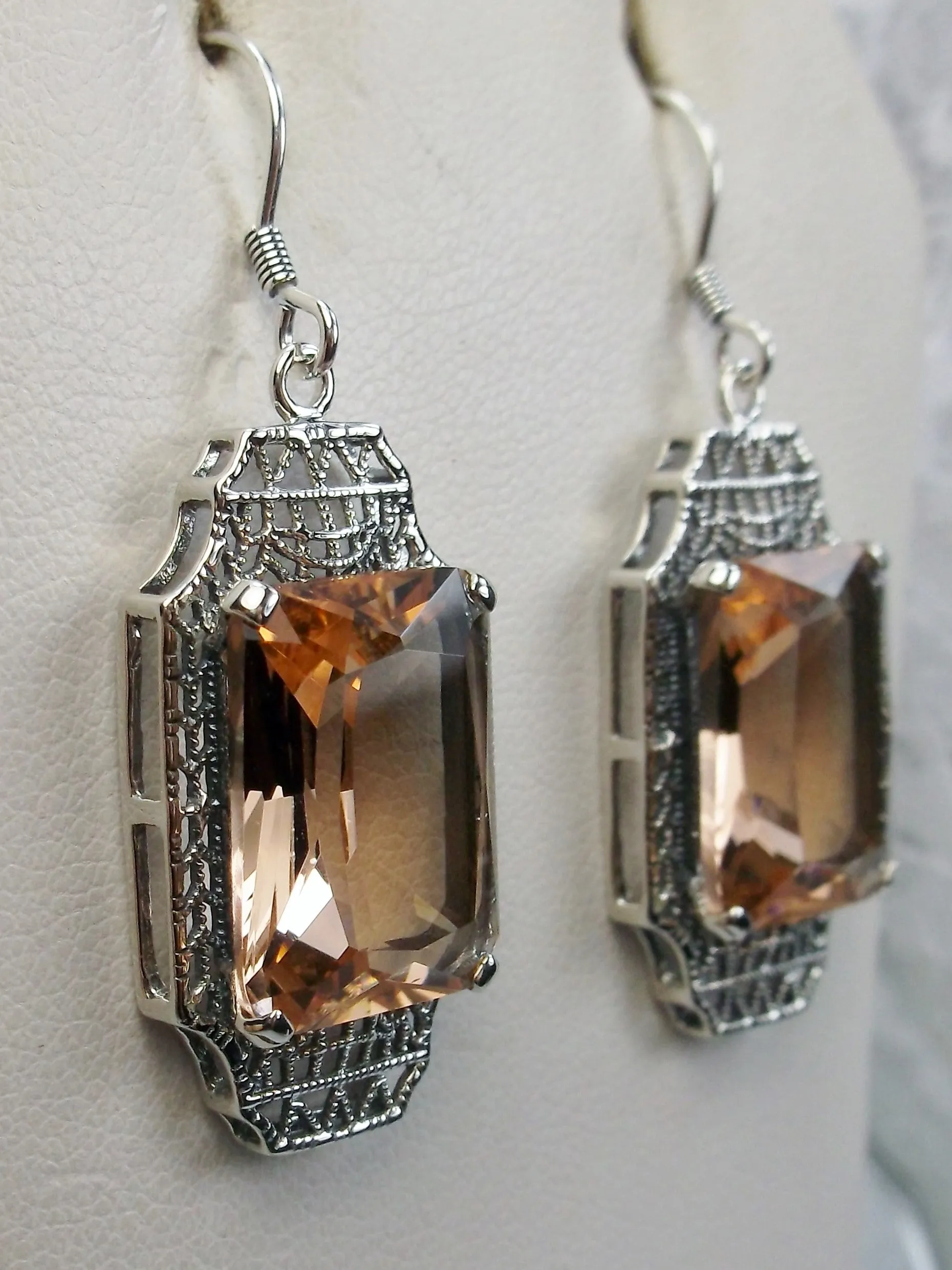Peach Topaz Earrings, Rectangle Gems, Art Deco Lantern-style Silver Filigree #E13