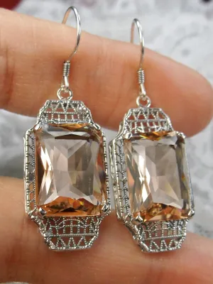 Peach Topaz Earrings, Rectangle Gems, Art Deco Lantern-style Silver Filigree #E13