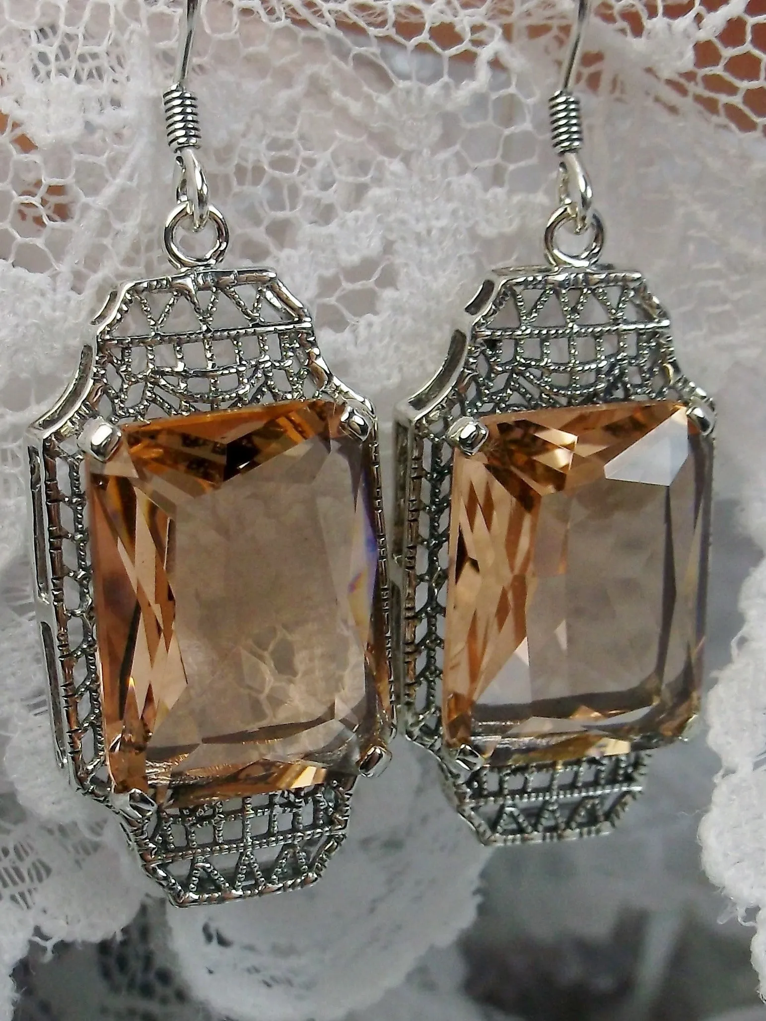 Peach Topaz Earrings, Rectangle Gems, Art Deco Lantern-style Silver Filigree #E13