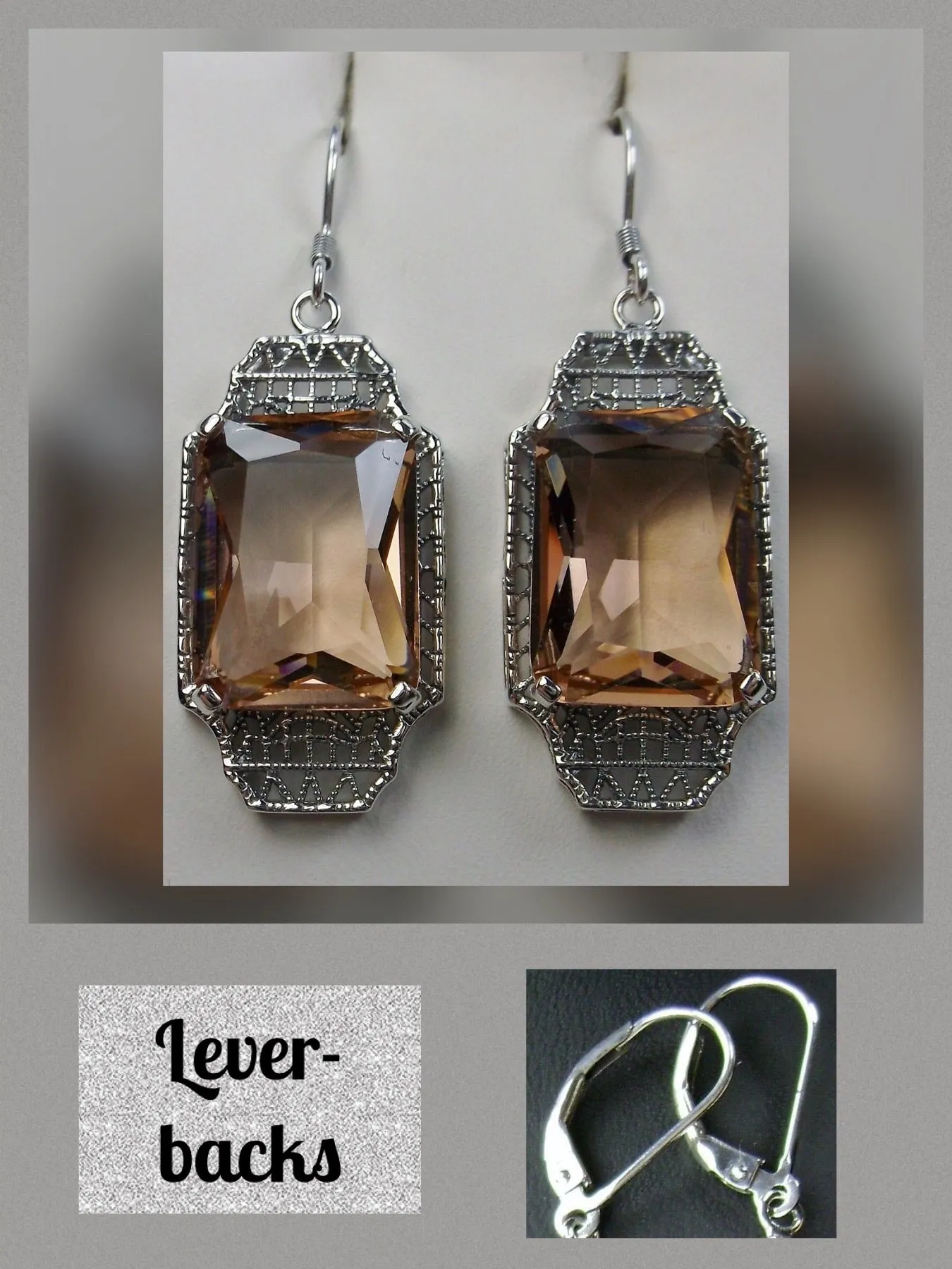 Peach Topaz Earrings, Rectangle Gems, Art Deco Lantern-style Silver Filigree #E13