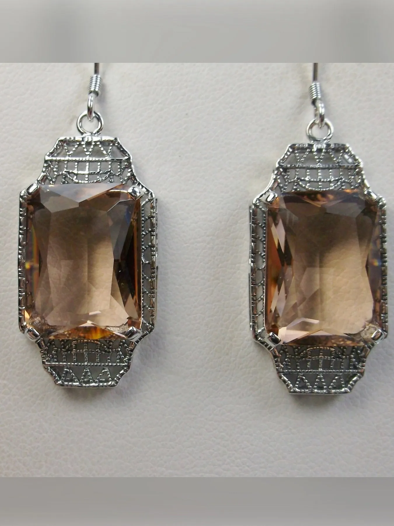 Peach Topaz Earrings, Rectangle Gems, Art Deco Lantern-style Silver Filigree #E13