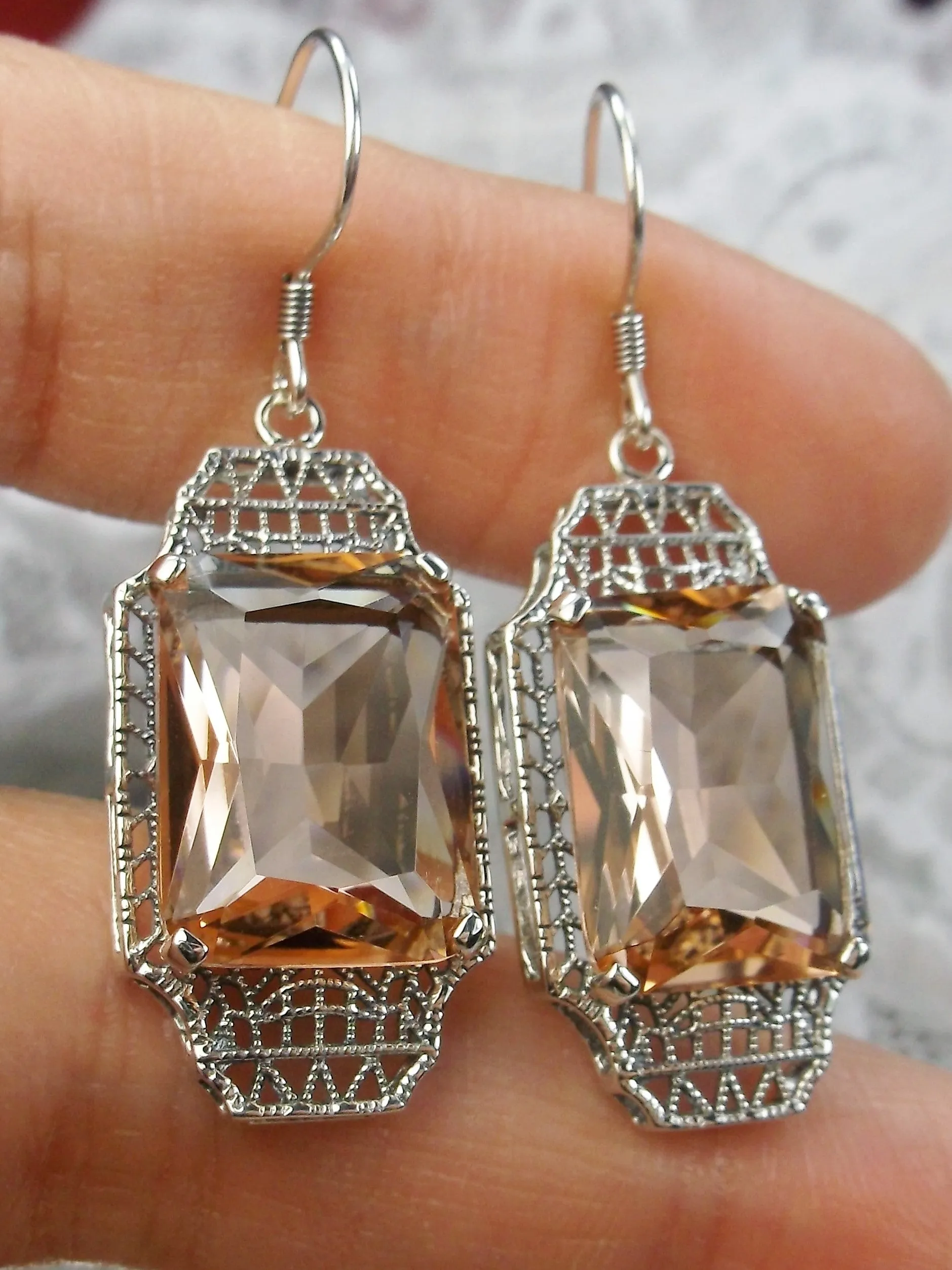 Peach Topaz Earrings, Rectangle Gems, Art Deco Lantern-style Silver Filigree #E13