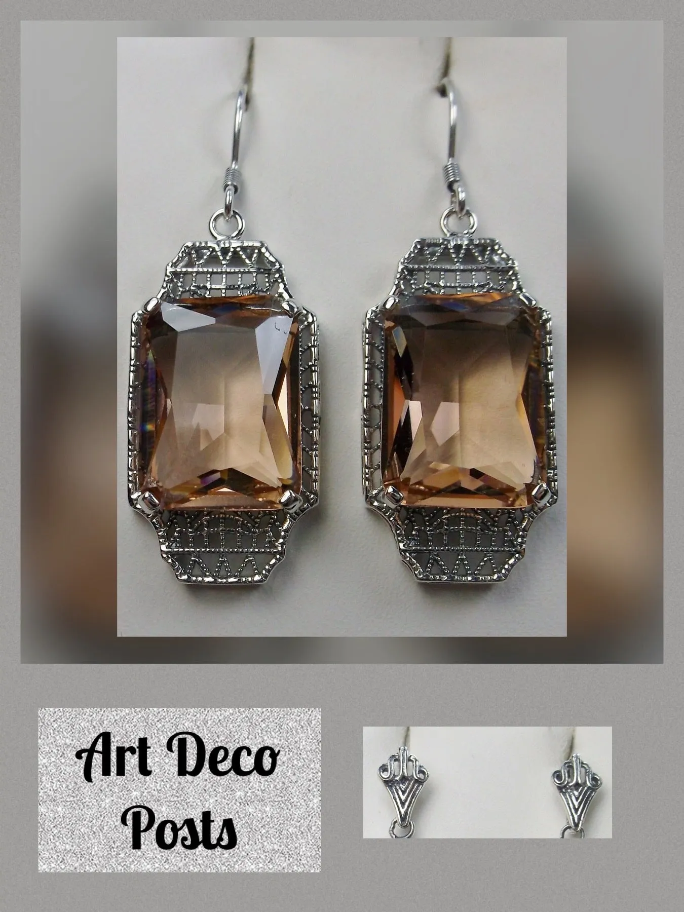 Peach Topaz Earrings, Rectangle Gems, Art Deco Lantern-style Silver Filigree #E13