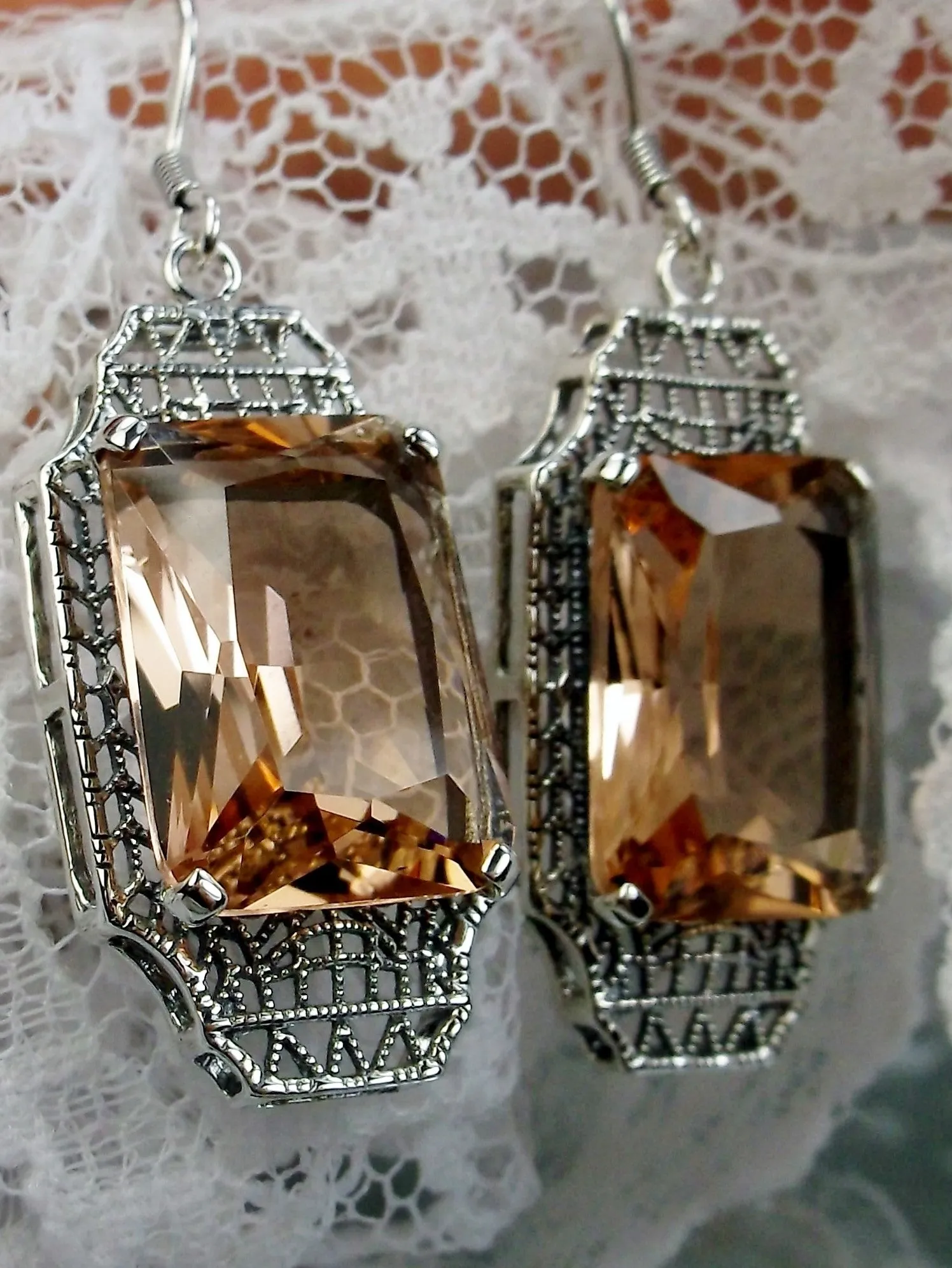Peach Topaz Earrings, Rectangle Gems, Art Deco Lantern-style Silver Filigree #E13
