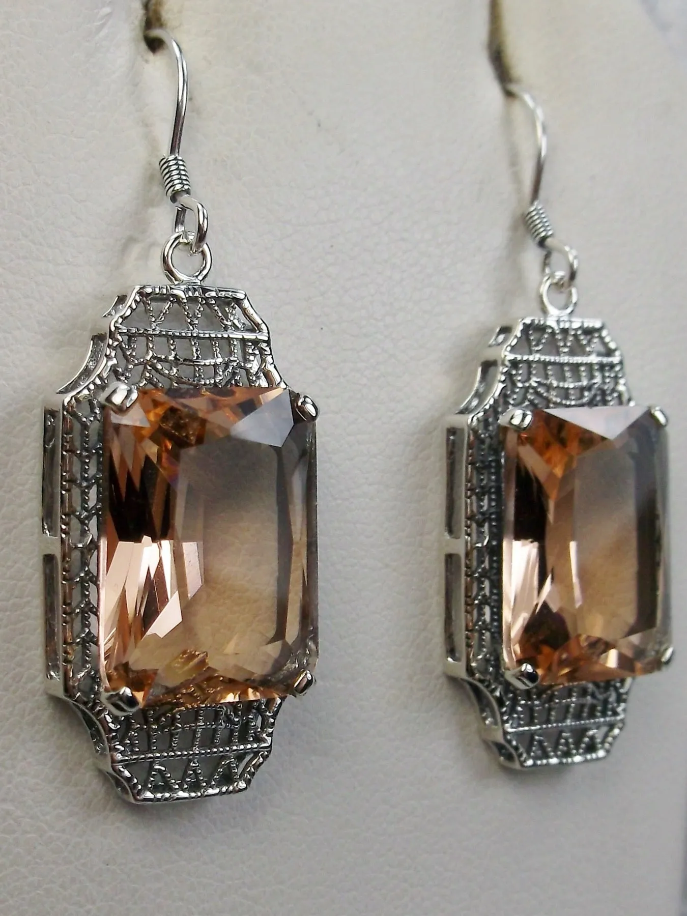 Peach Topaz Earrings, Rectangle Gems, Art Deco Lantern-style Silver Filigree #E13