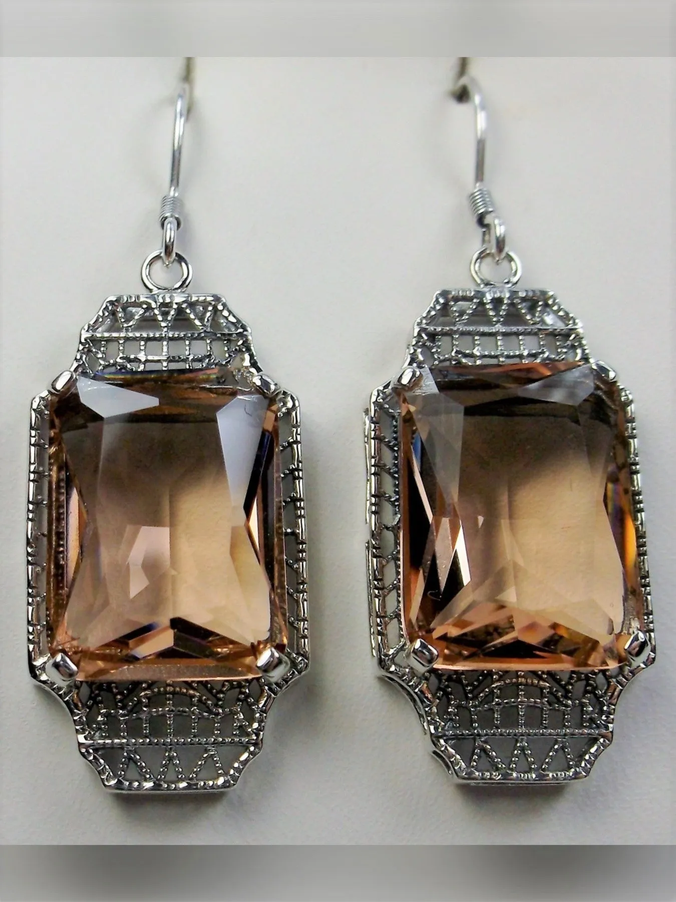 Peach Topaz Earrings, Rectangle Gems, Art Deco Lantern-style Silver Filigree #E13