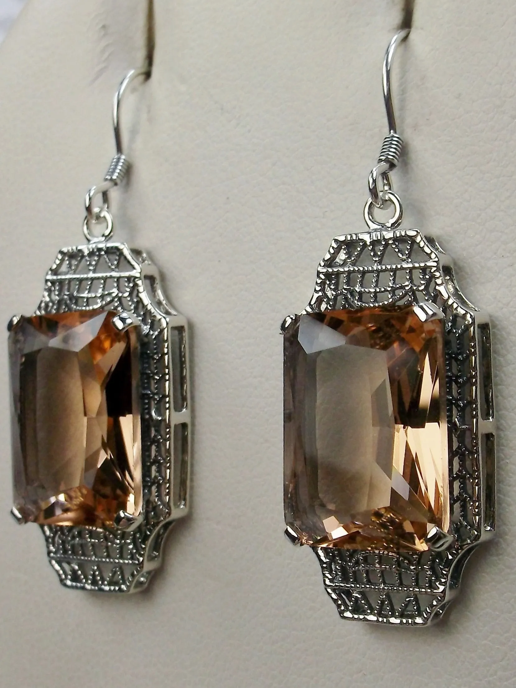 Peach Topaz Earrings, Rectangle Gems, Art Deco Lantern-style Silver Filigree #E13