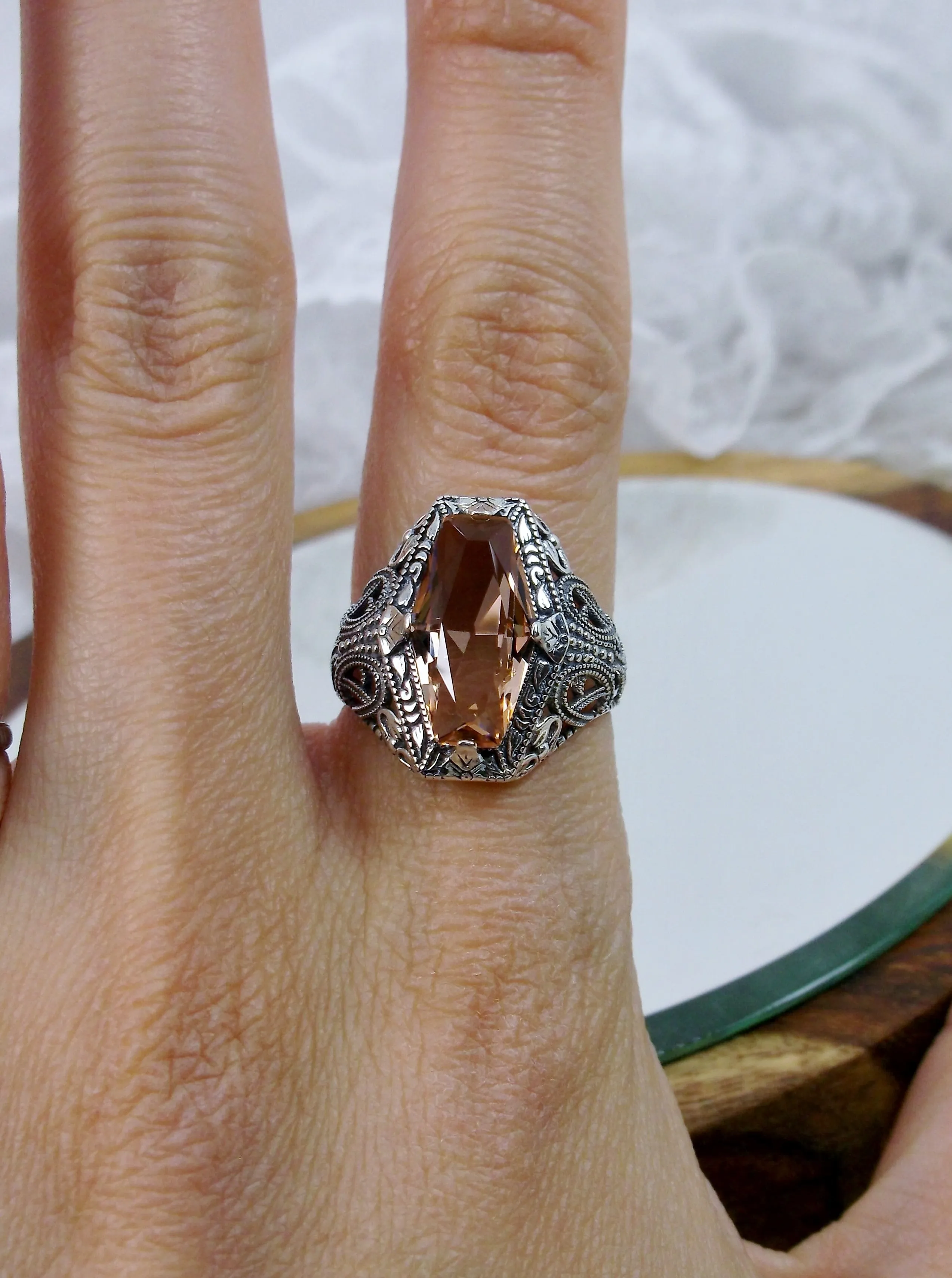 Peach Topaz Ring, Hexagon Gem with Art Deco Filigree, Edwardian Jewelry #D237