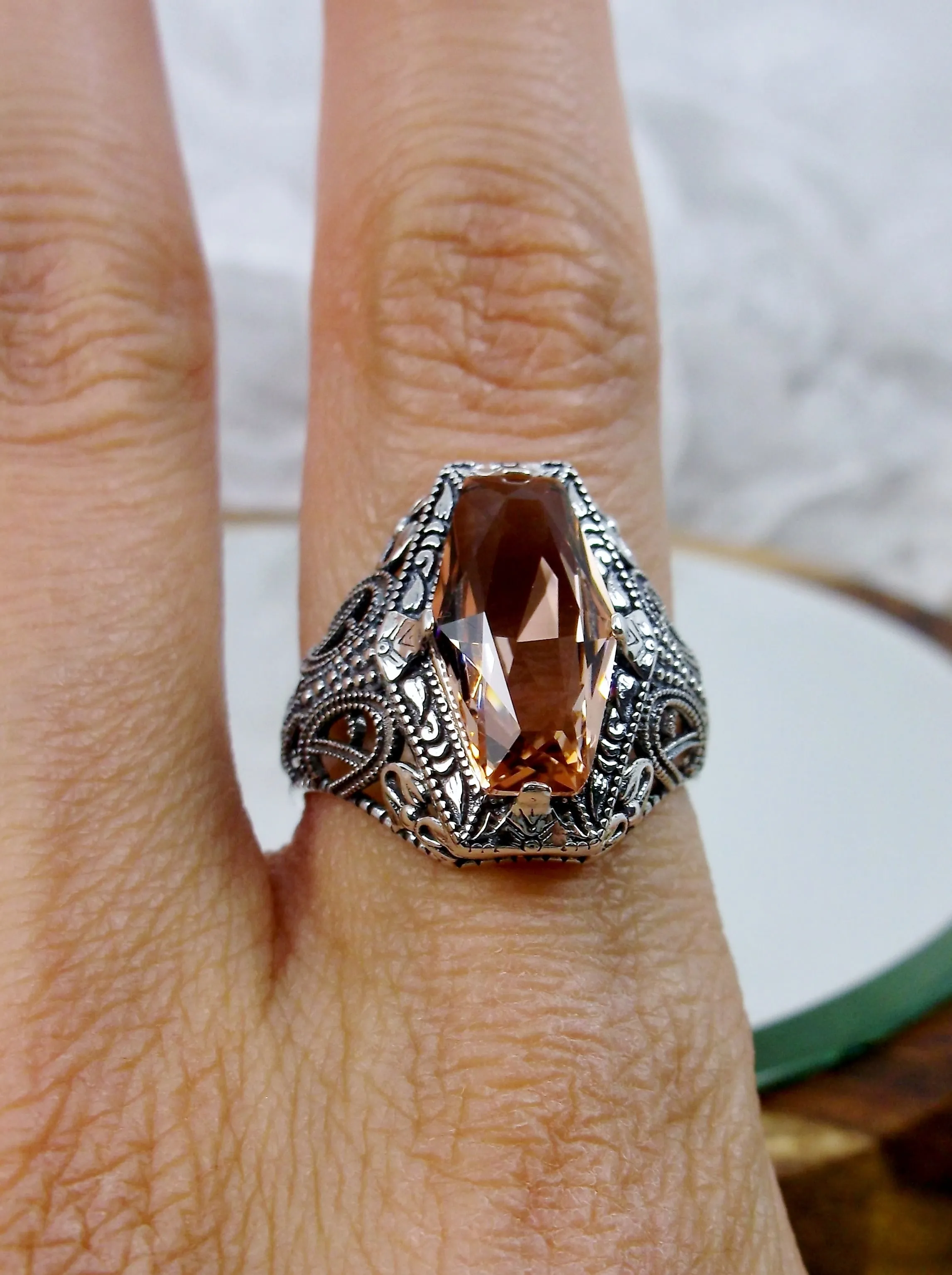 Peach Topaz Ring, Hexagon Gem with Art Deco Filigree, Edwardian Jewelry #D237