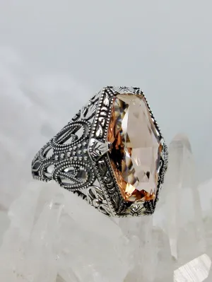 Peach Topaz Ring, Hexagon Gem with Art Deco Filigree, Edwardian Jewelry #D237