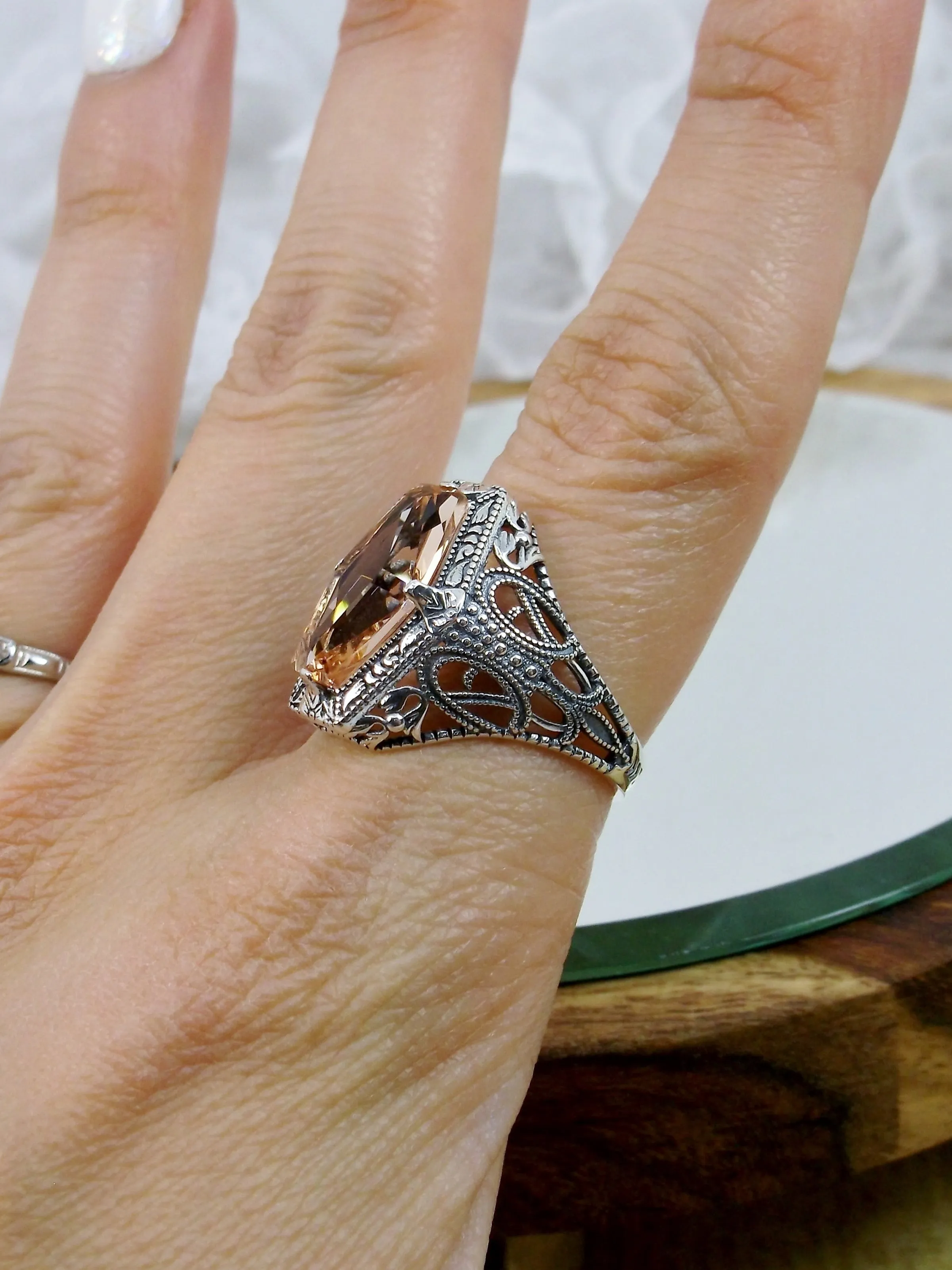 Peach Topaz Ring, Hexagon Gem with Art Deco Filigree, Edwardian Jewelry #D237