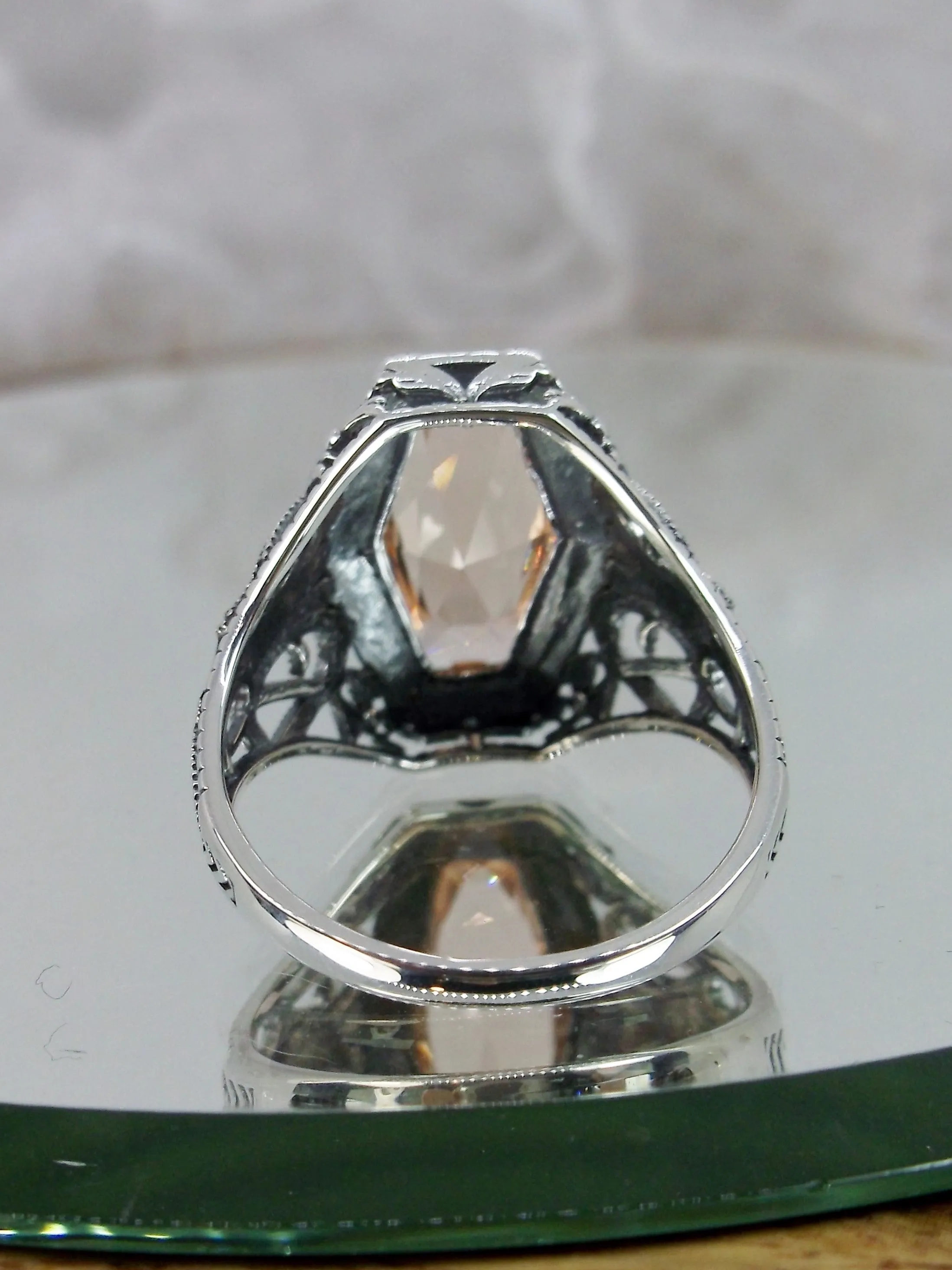 Peach Topaz Ring, Hexagon Gem with Art Deco Filigree, Edwardian Jewelry #D237