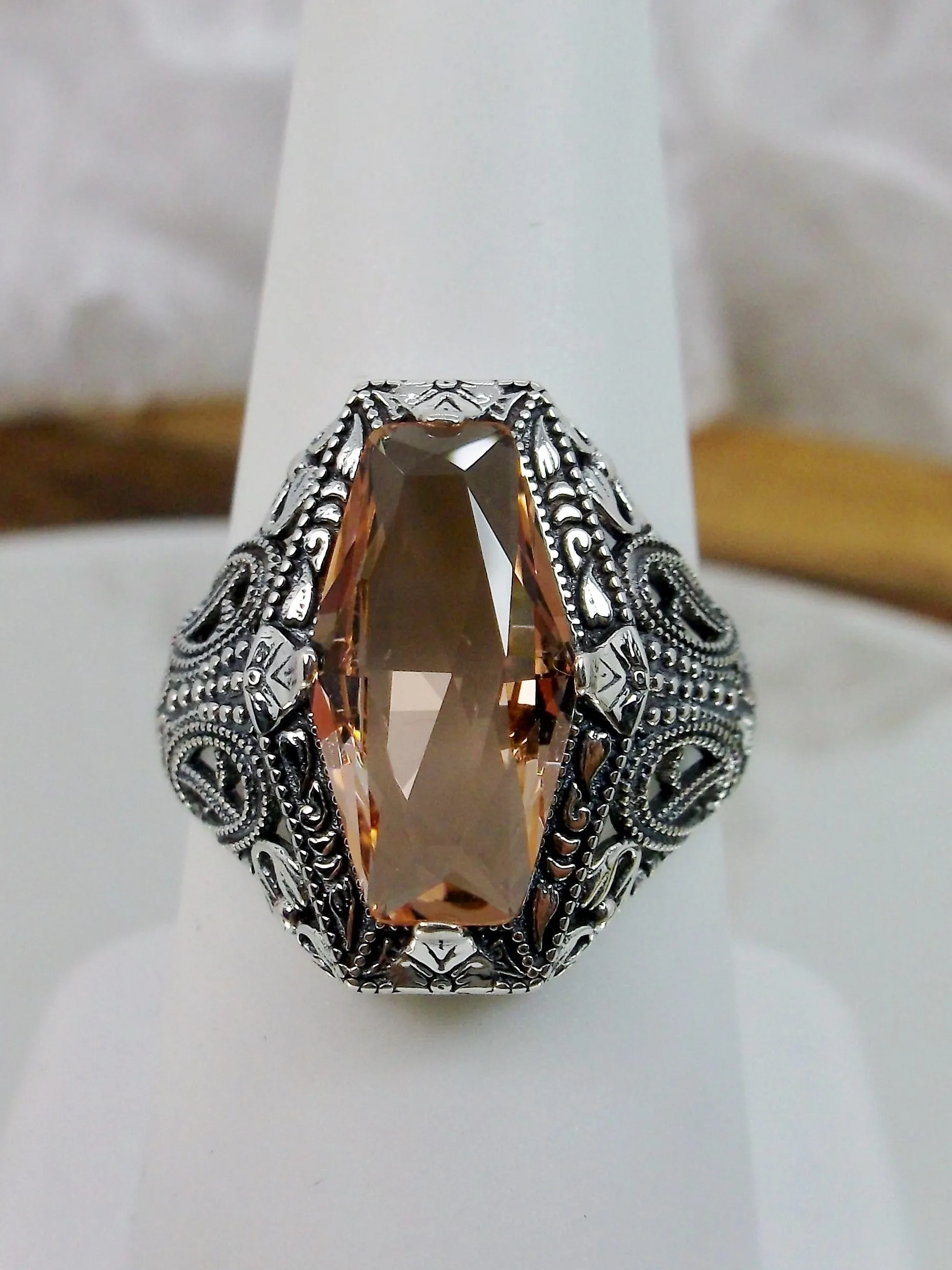 Peach Topaz Ring, Hexagon Gem with Art Deco Filigree, Edwardian Jewelry #D237
