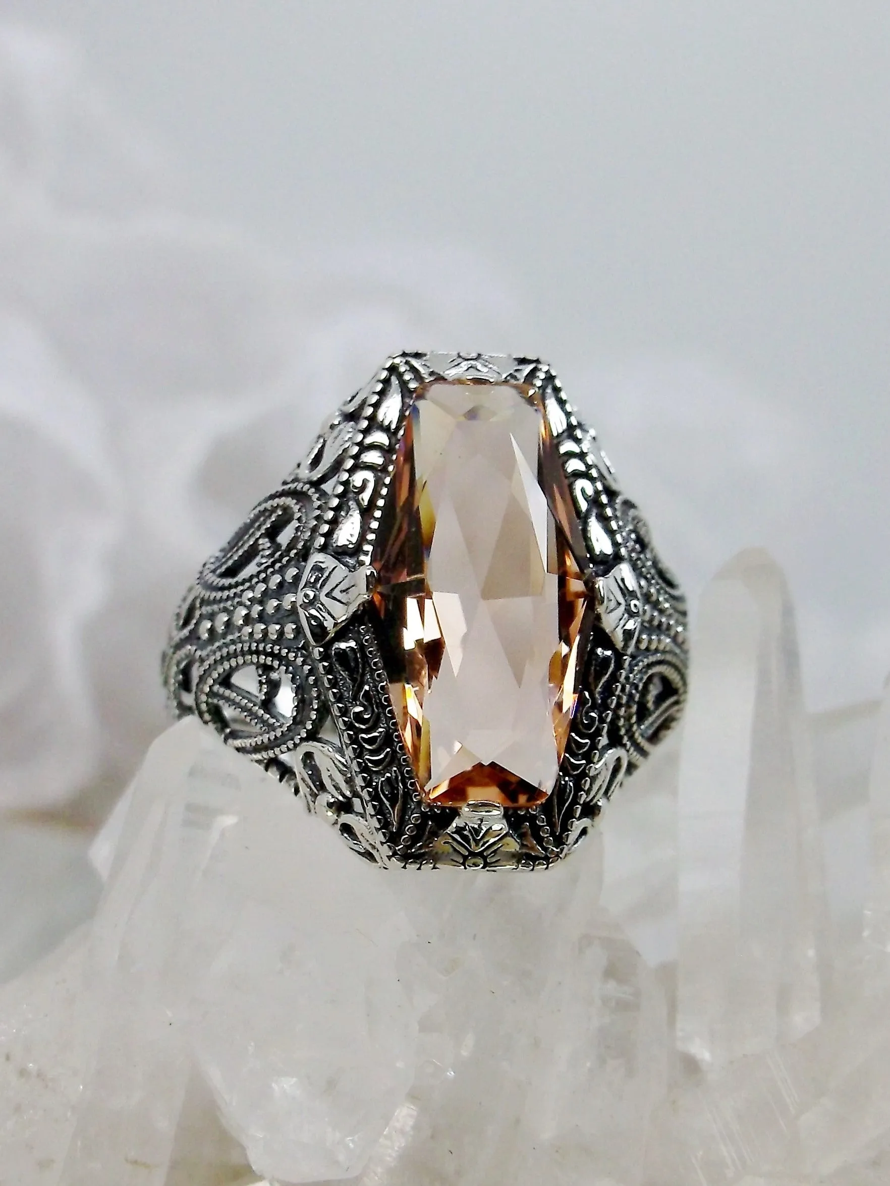 Peach Topaz Ring, Hexagon Gem with Art Deco Filigree, Edwardian Jewelry #D237