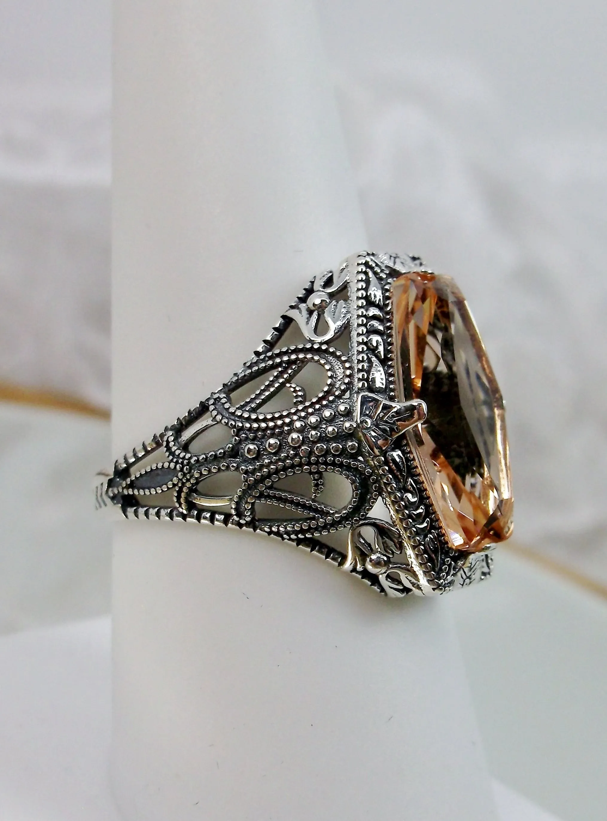 Peach Topaz Ring, Hexagon Gem with Art Deco Filigree, Edwardian Jewelry #D237