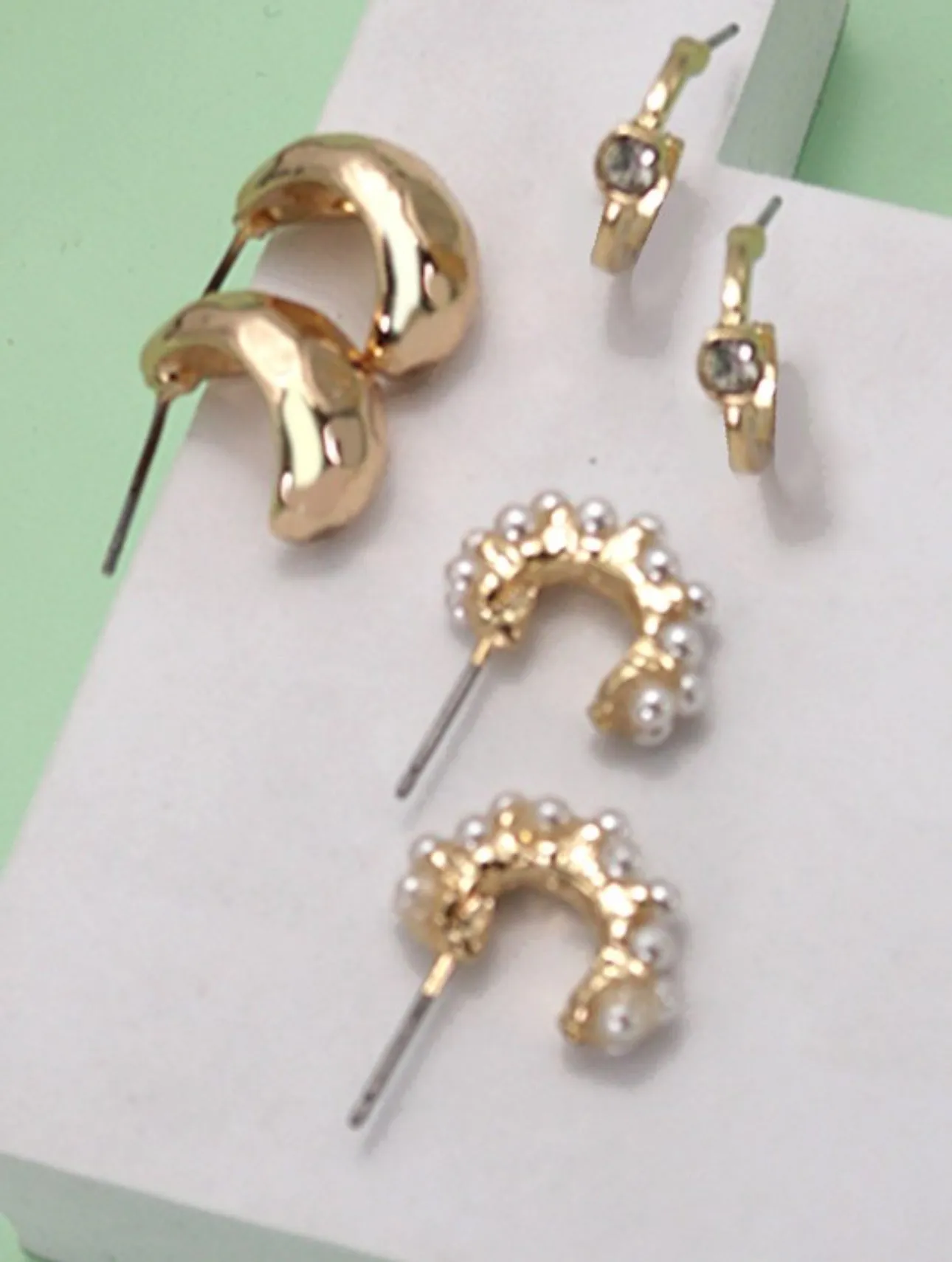 Pearl Diamond Cut Huggie Hoop Trio