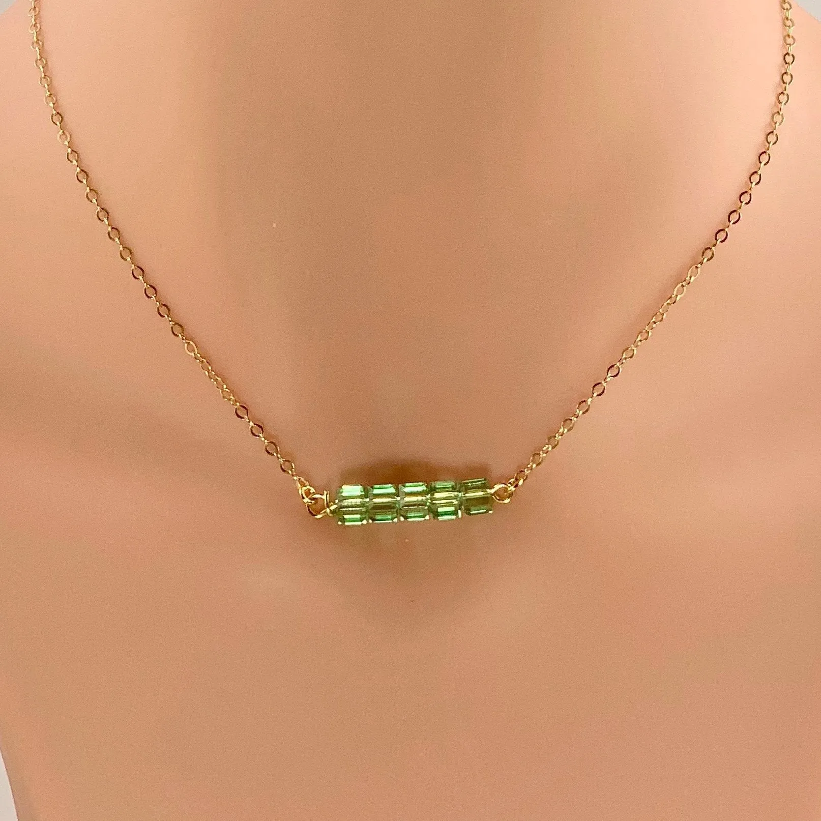Peridot Cube Bar 14K Gold Necklace