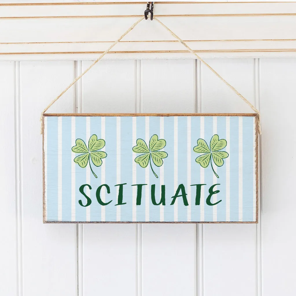 Personalized Blue Striped Shamrock Welcome Twine Hanging Sign